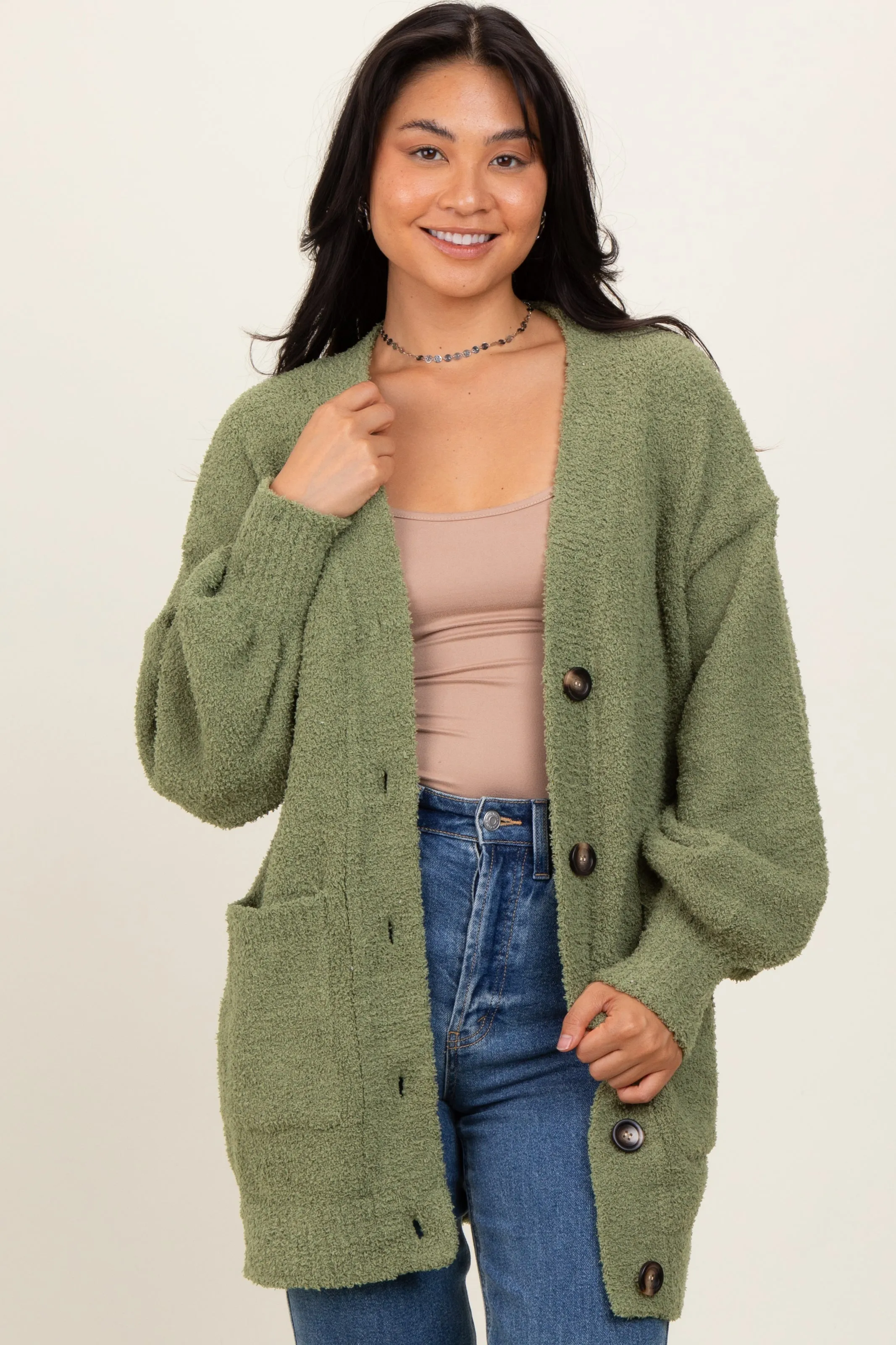 Light Olive Fuzzy Knit Oversized Button Up Cardigan sold by Pinkblush