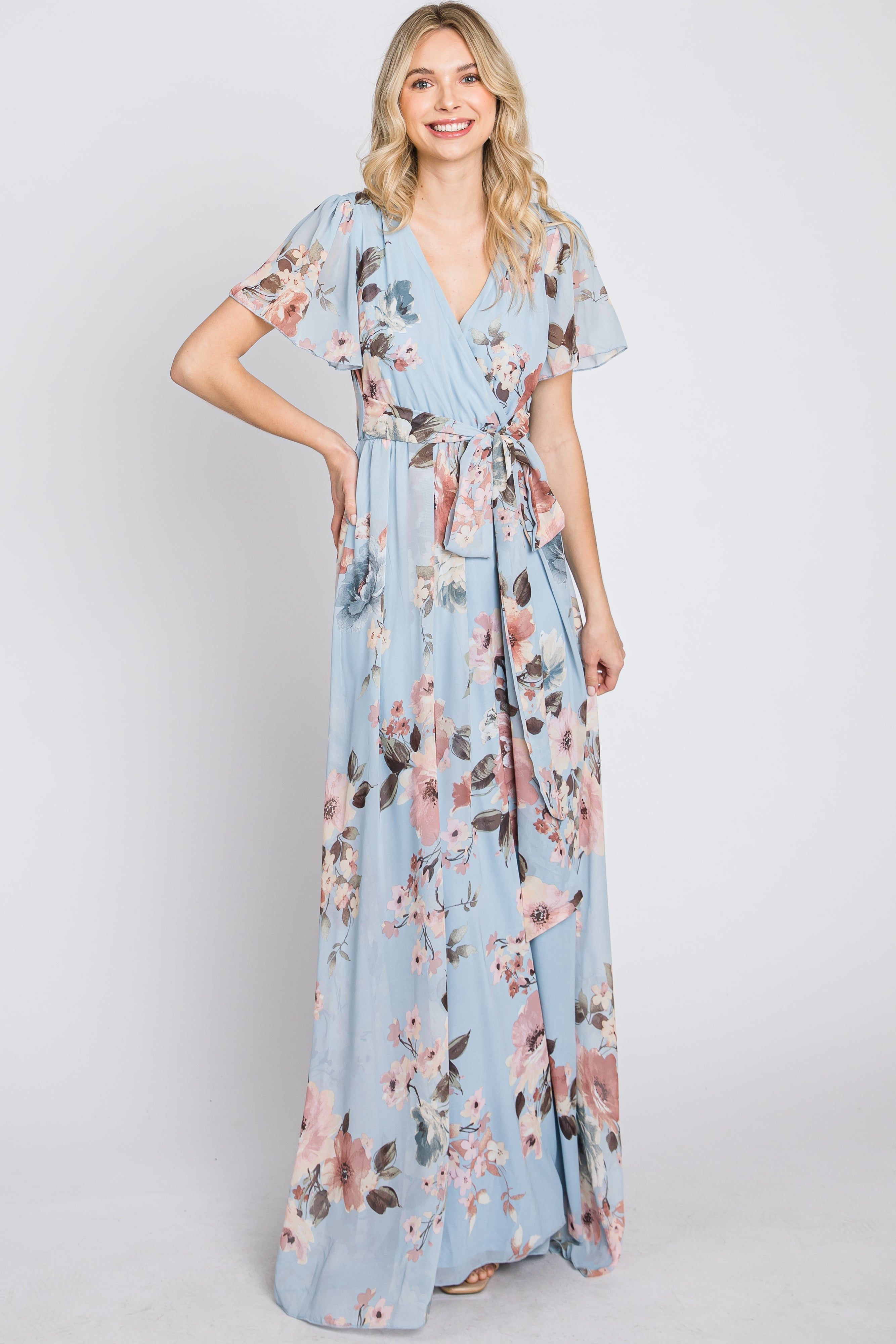 Light Blue Floral Chiffon Wrap Front Short Sleeve Maxi Dress sold by Pinkblush product image thumbnail 3