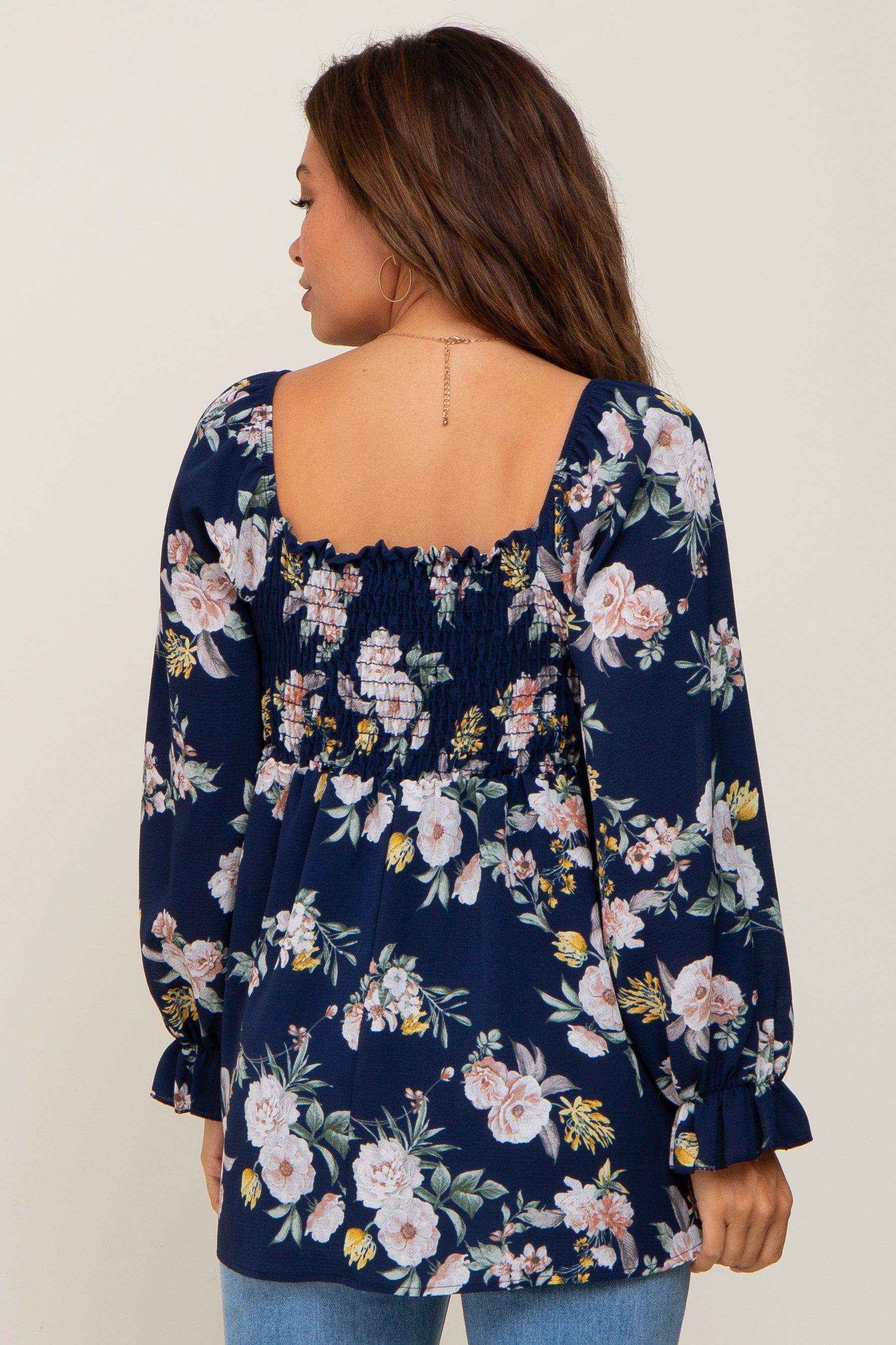 Navy Floral Smocked Long Sleeve Maternity Blouse sold by Pinkblush product image thumbnail 3