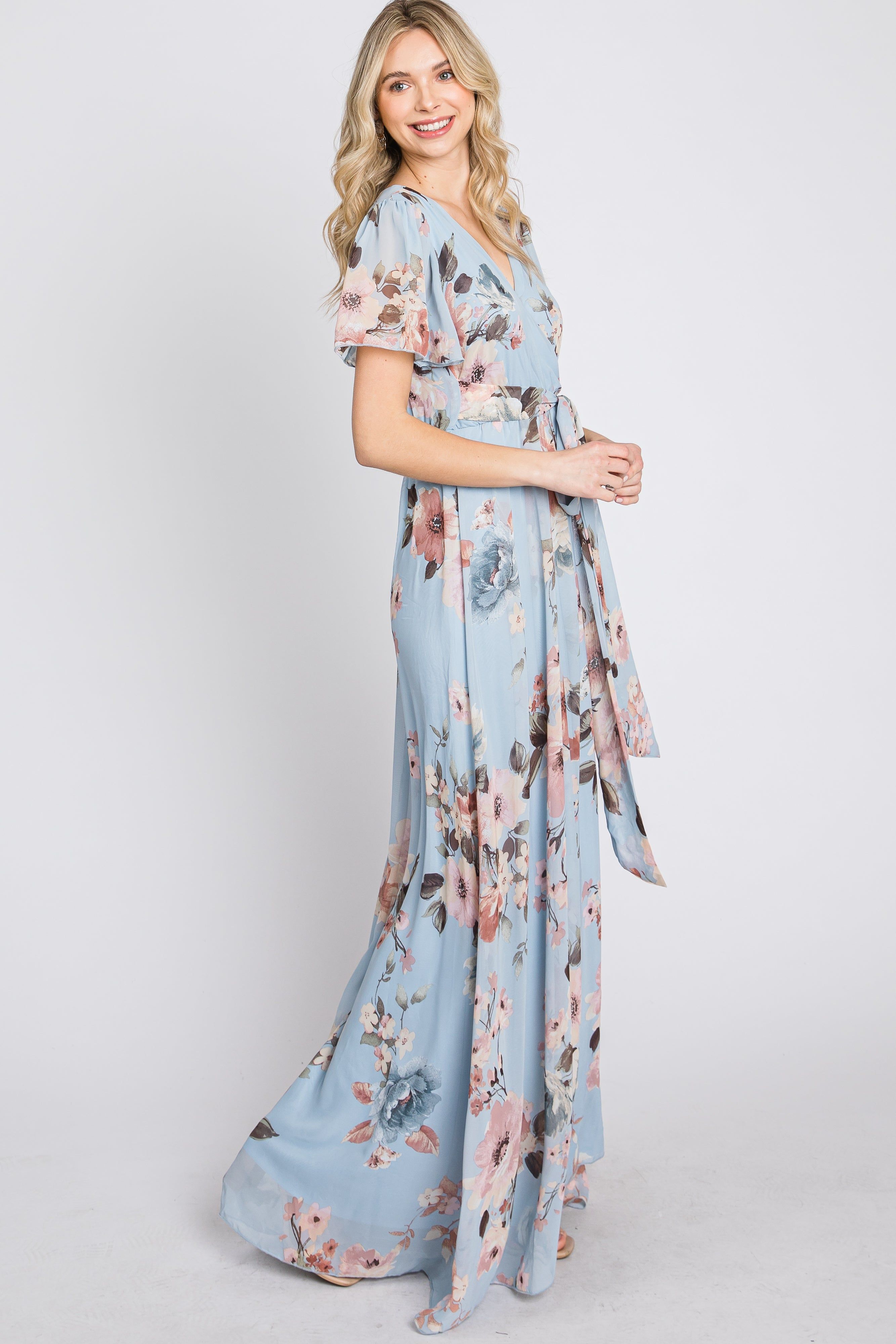Light Blue Floral Chiffon Wrap Front Short Sleeve Maxi Dress sold by Pinkblush product image thumbnail 4