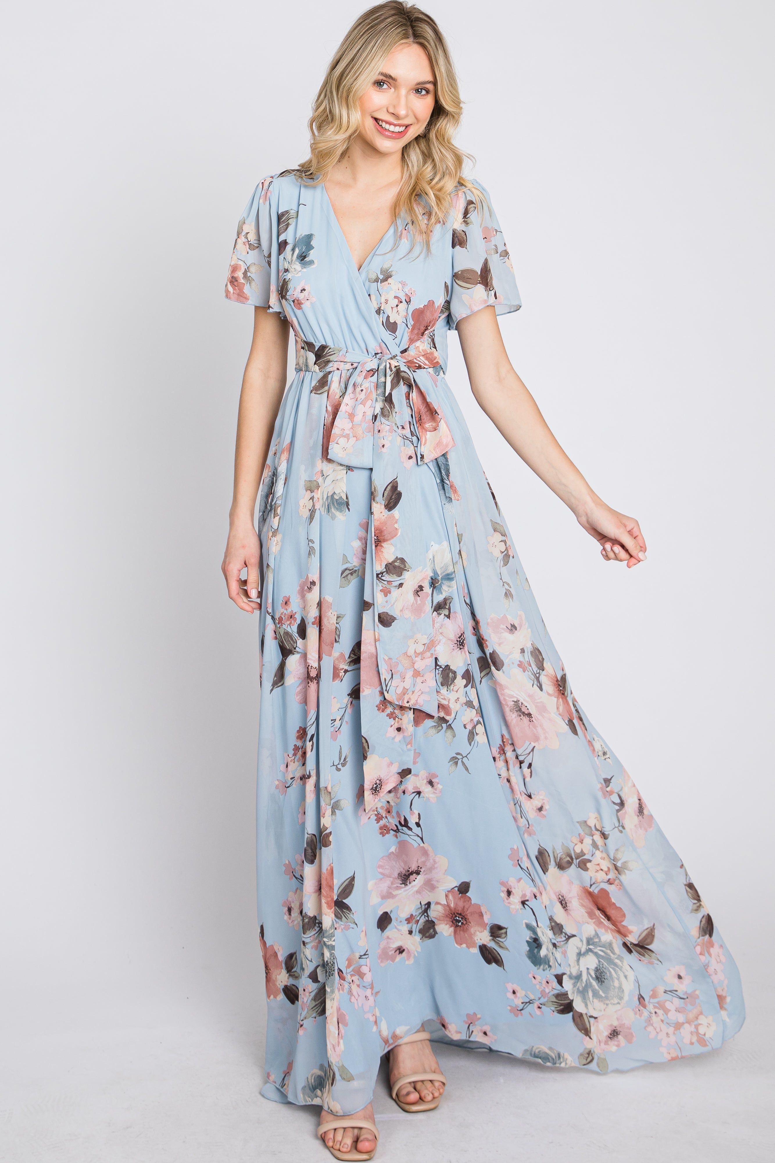 Light Blue Floral Chiffon Wrap Front Short Sleeve Maxi Dress sold by Pinkblush