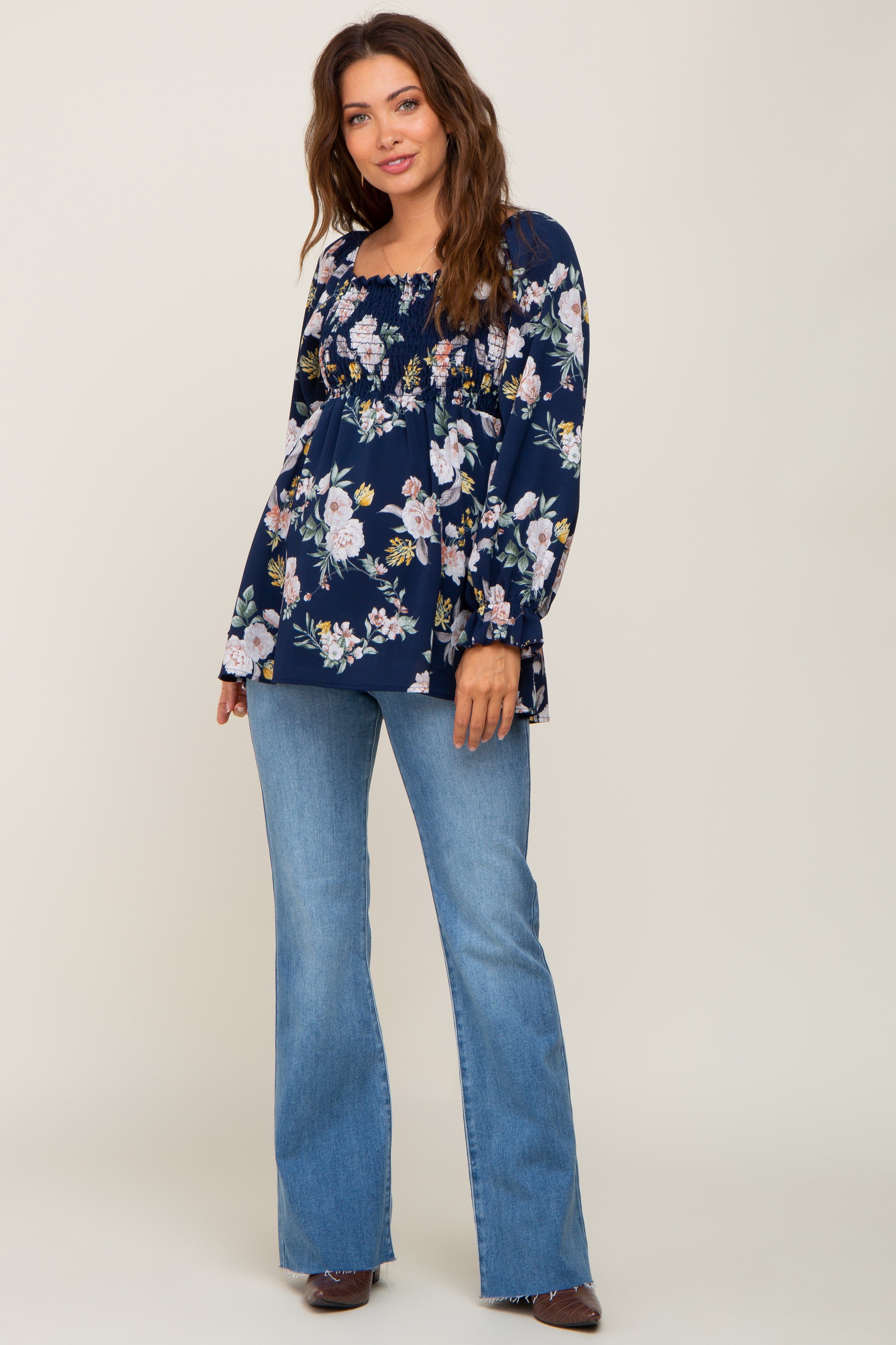 Navy Floral Smocked Long Sleeve Maternity Blouse sold by Pinkblush product image thumbnail 4