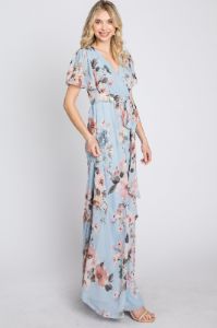 Light Blue Floral Chiffon Wrap Front Short Sleeve Maxi Dress sold by Pinkblush