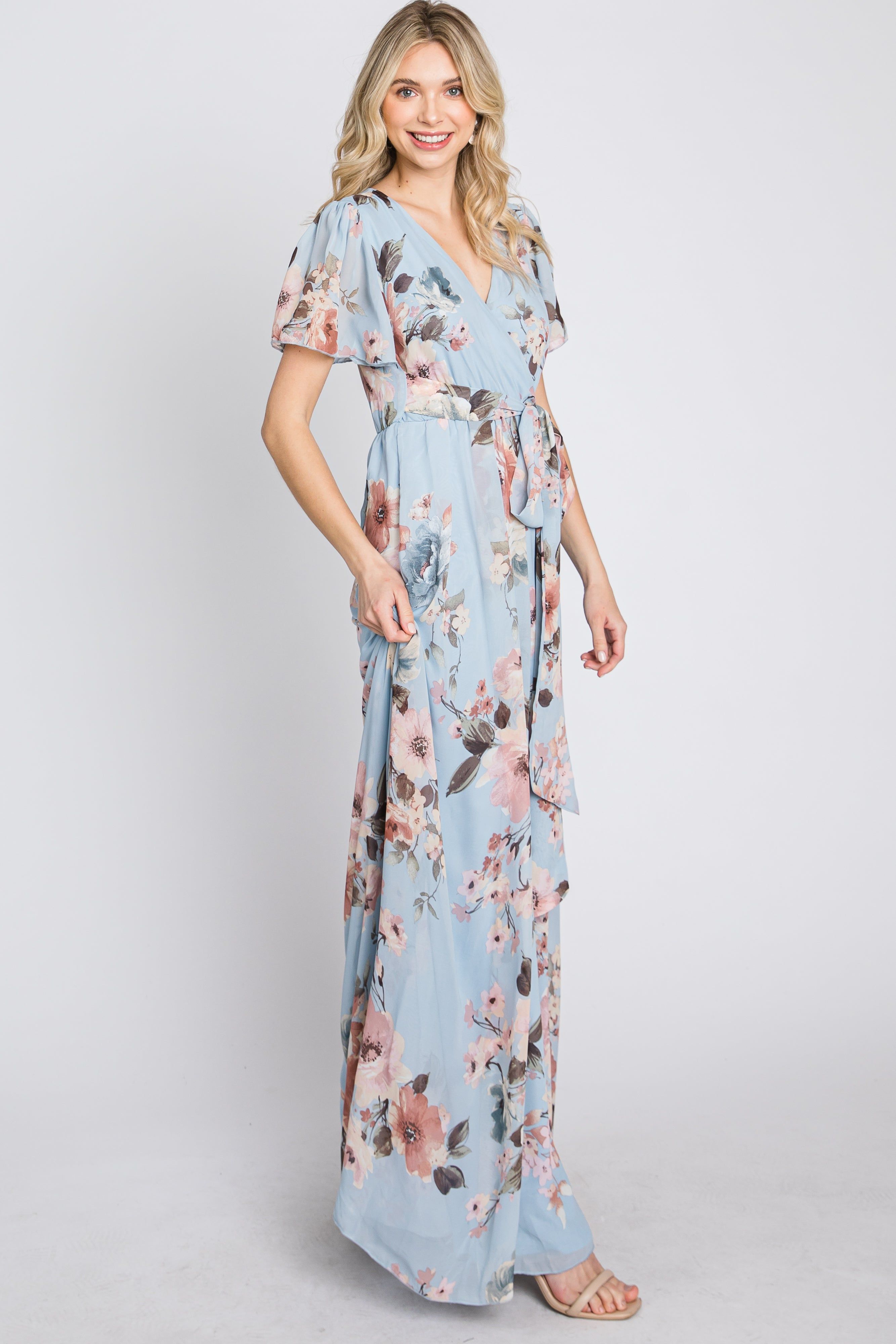 Light Blue Floral Chiffon Wrap Front Short Sleeve Maxi Dress sold by Pinkblush product image thumbnail 5