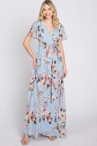 Light Blue Floral Chiffon Wrap Front Short Sleeve Maxi Dress sold by Pinkblush