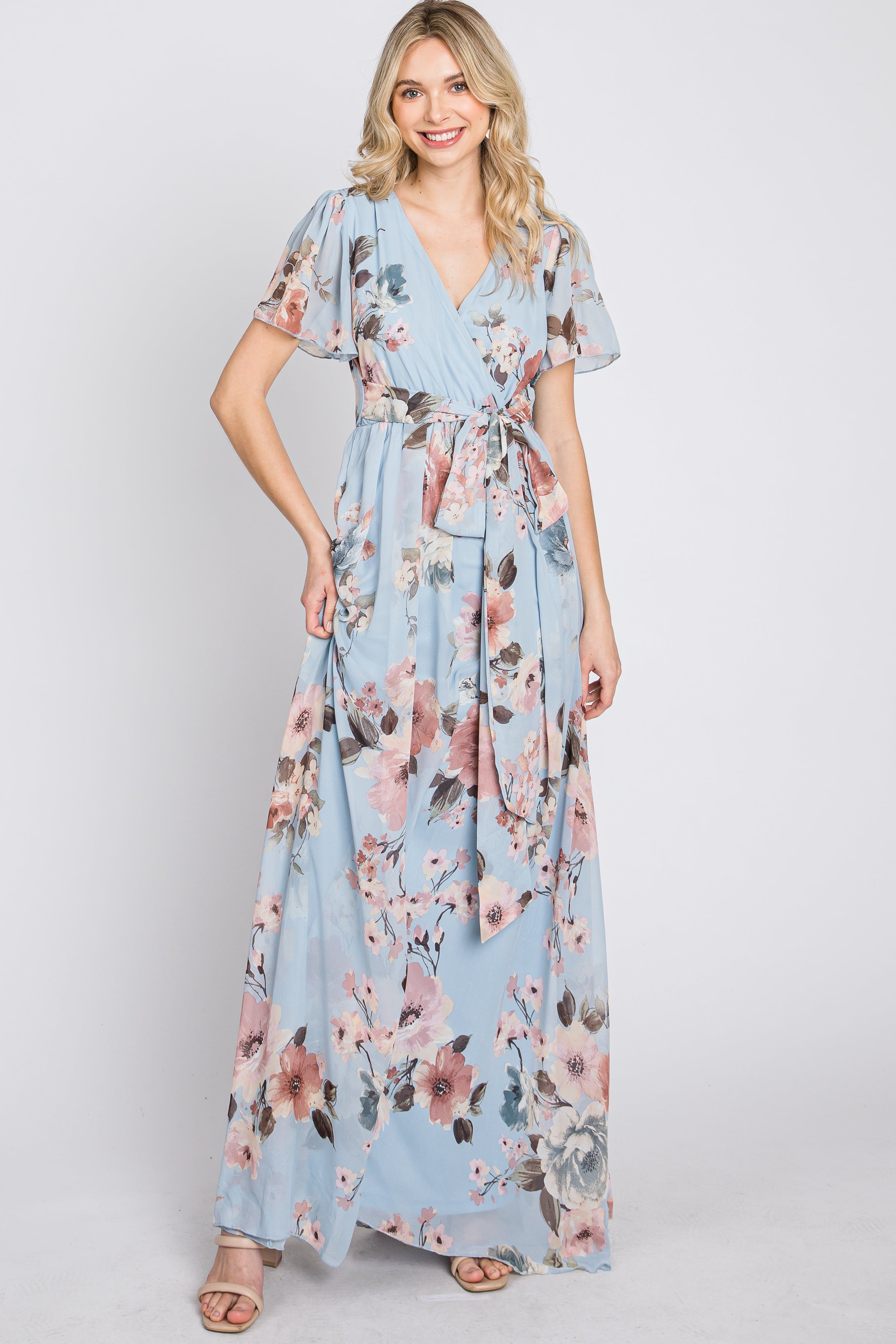 Light Blue Floral Chiffon Wrap Front Short Sleeve Maxi Dress sold by Pinkblush product image thumbnail 2