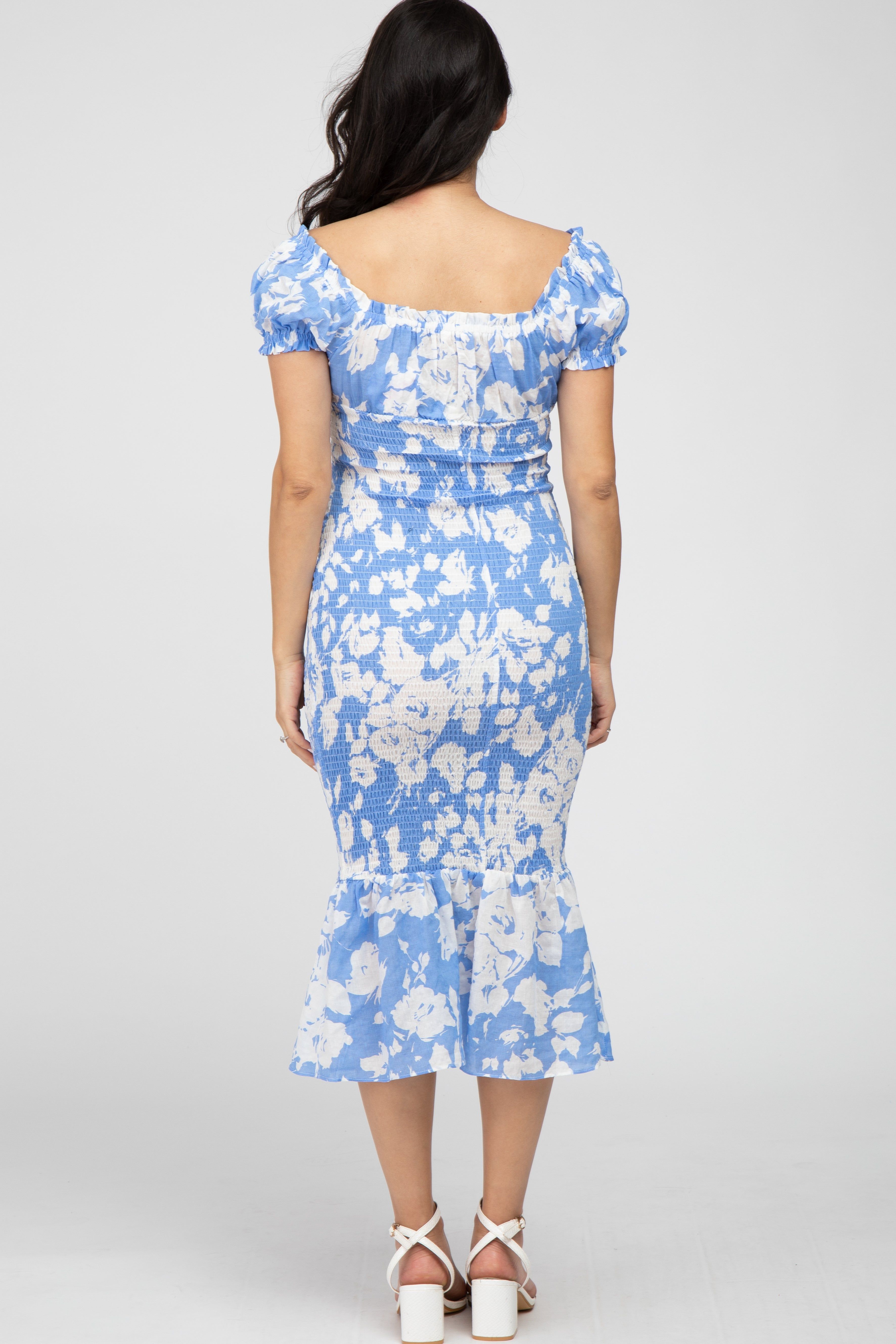 Blue Floral Smocked Off Shoulder Maternity Fitted Dress sold by Pinkblush product image thumbnail 3