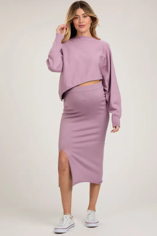 Mauve Knit Long Sleeve Crop Top Maternity Midi Skirt Set sold by Pinkblush