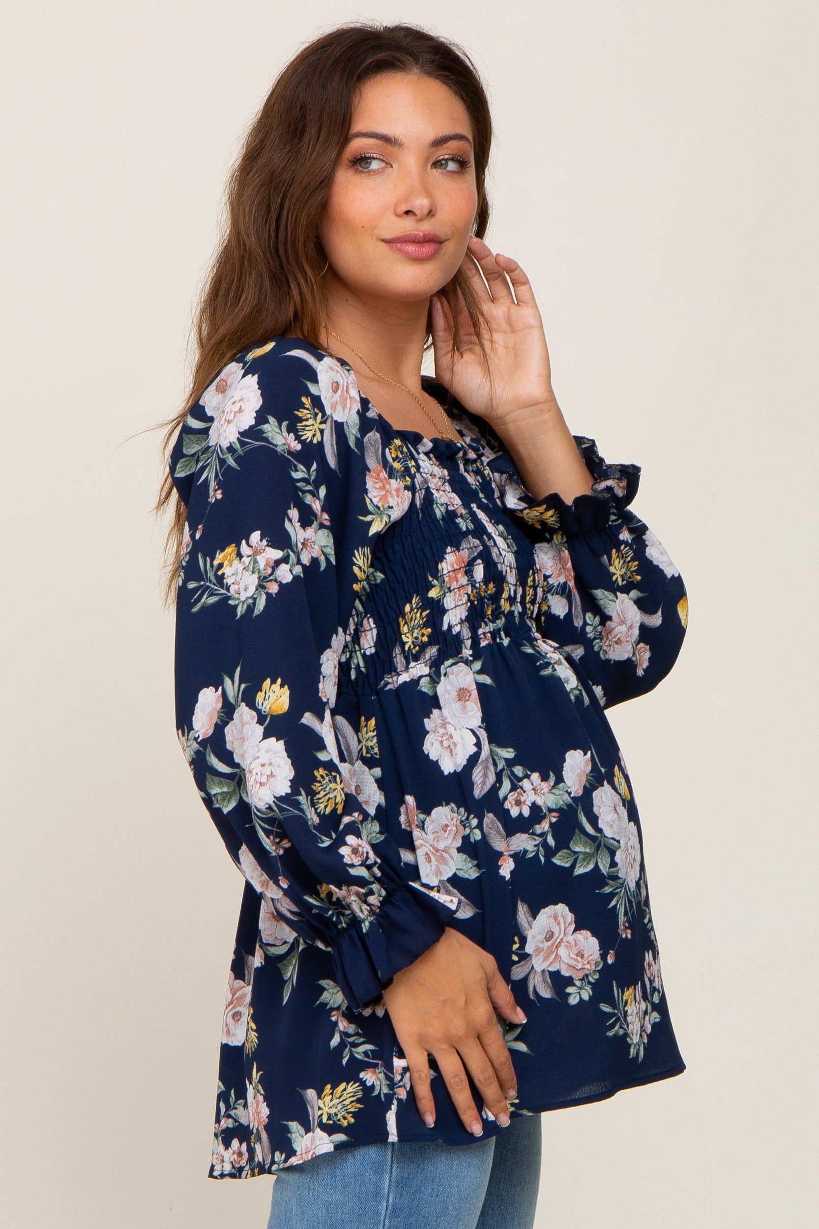 Navy Floral Smocked Long Sleeve Maternity Blouse sold by Pinkblush product image thumbnail 2