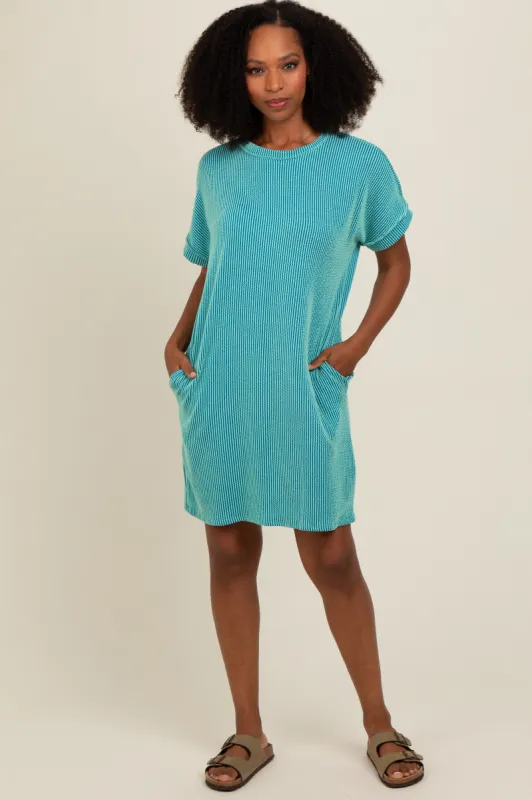 Turquoise Ribbed Rolled Cuff Dress sold by Pinkblush