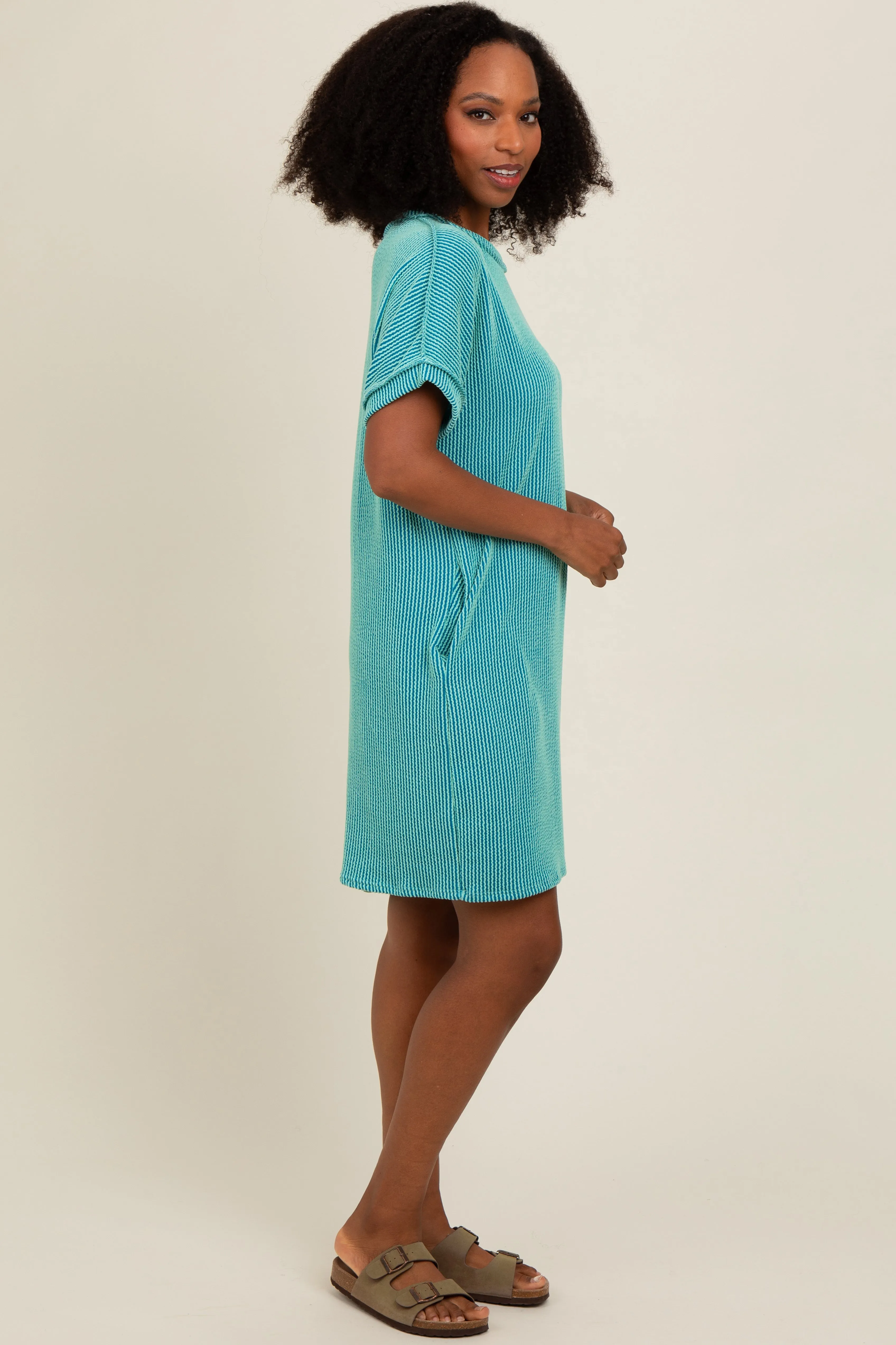 Turquoise Ribbed Rolled Cuff Dress sold by Pinkblush product image thumbnail 2