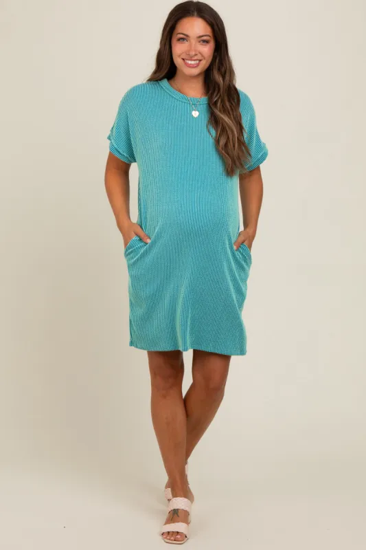 Turquoise Ribbed Rolled Cuff Maternity Dress sold by Pinkblush