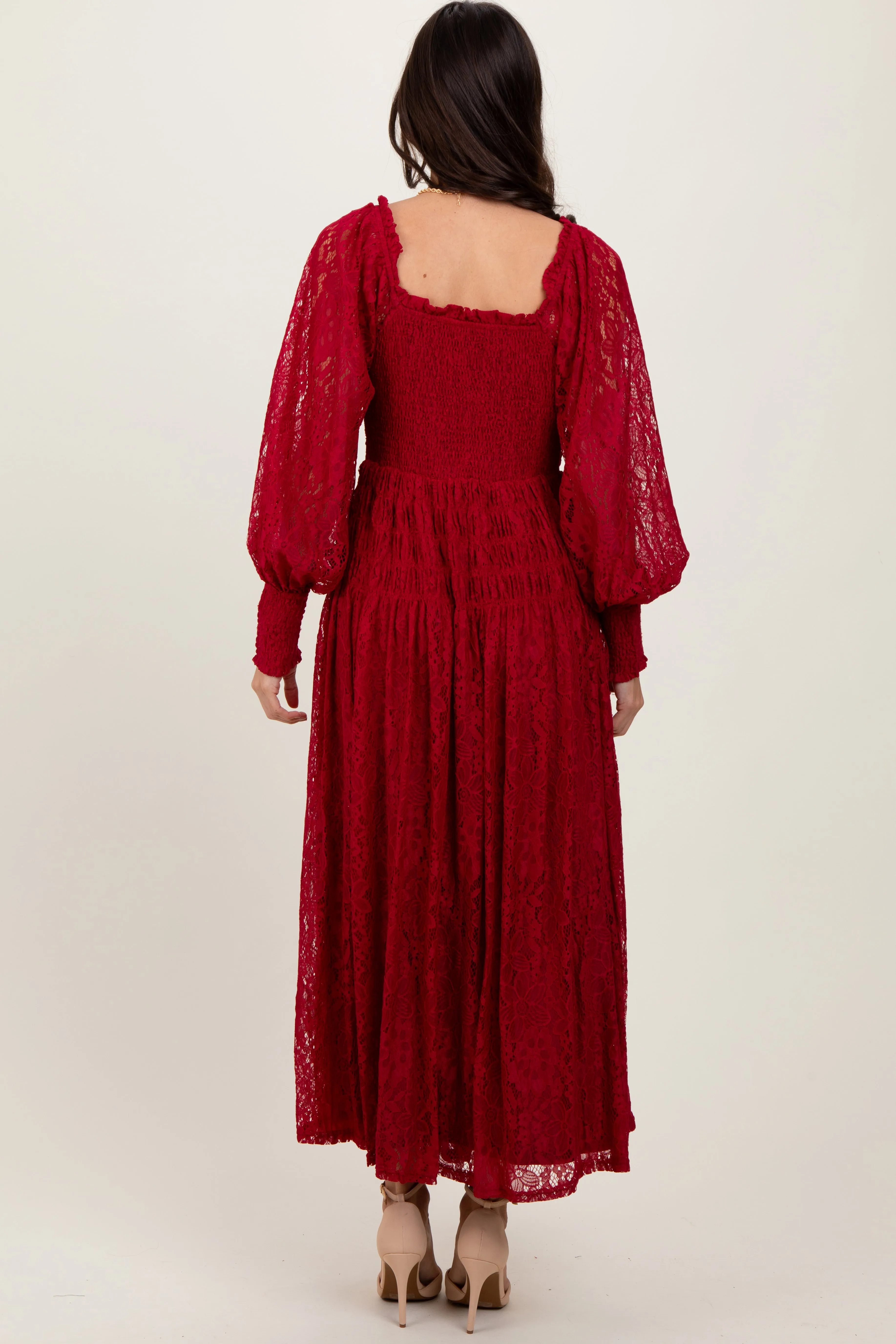 Burgundy Lace Smocked Bubble Sleeve Maxi Dress sold by Pinkblush product image thumbnail 3