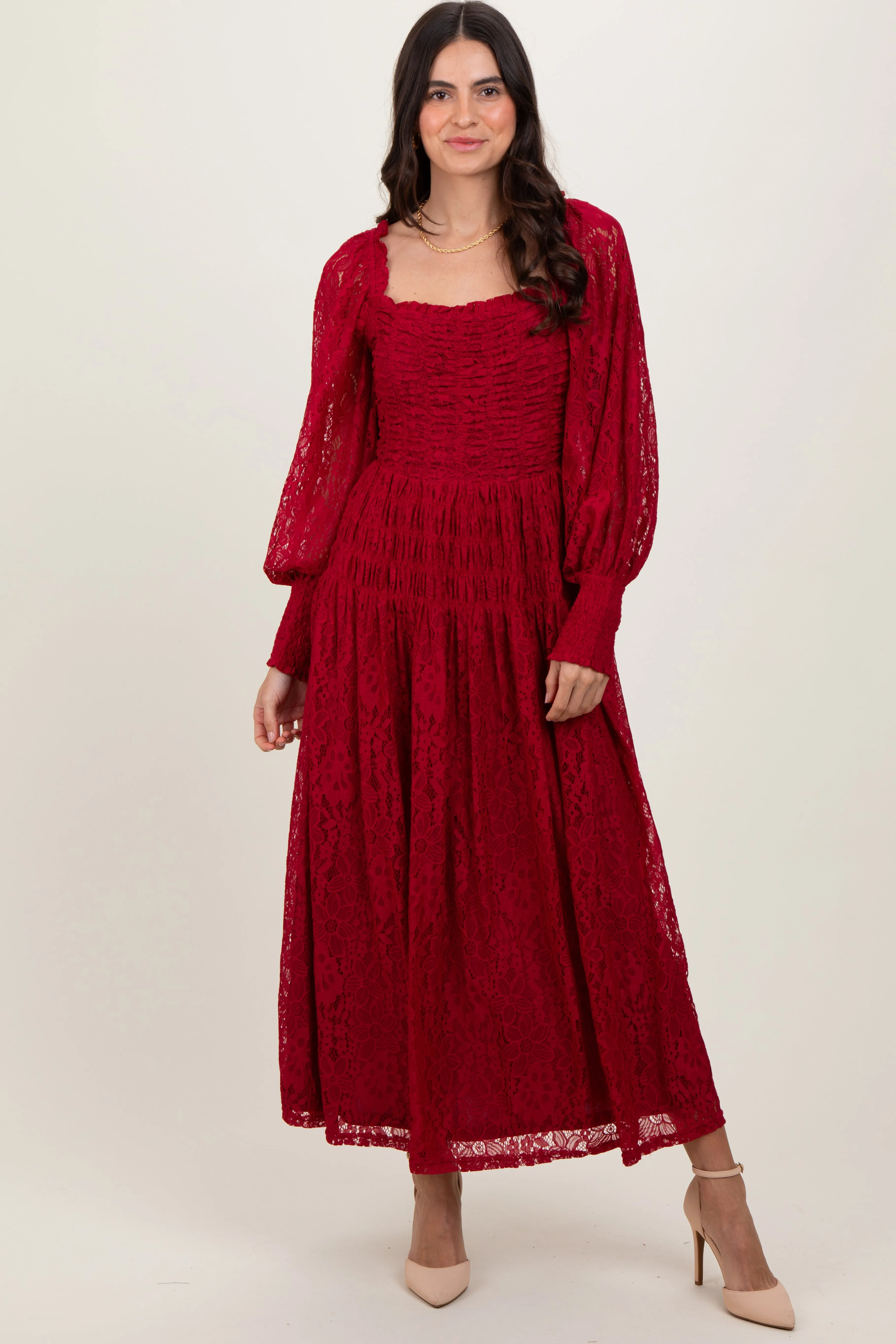 Burgundy Lace Smocked Bubble Sleeve Maxi Dress sold by Pinkblush