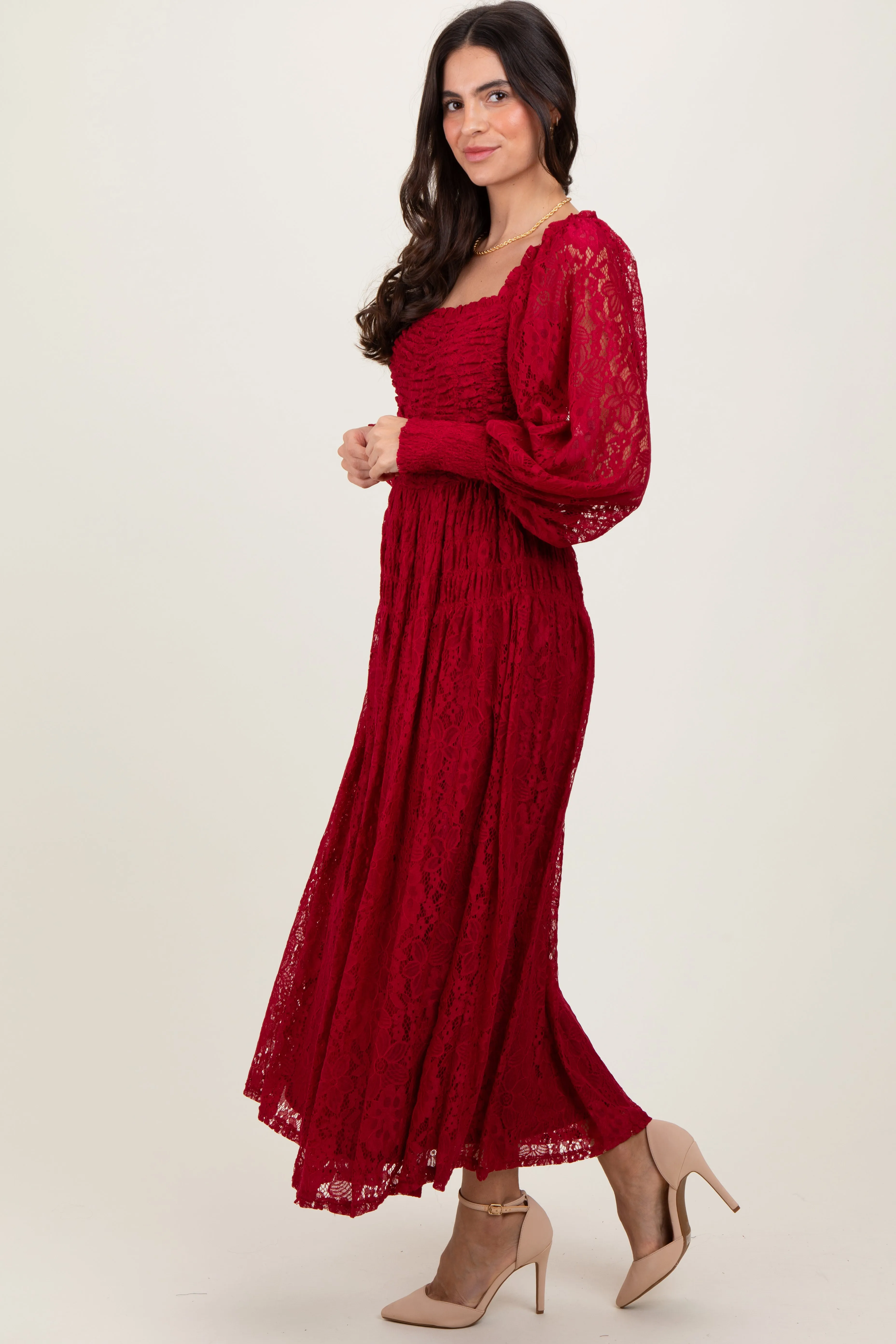 Burgundy Lace Smocked Bubble Sleeve Maxi Dress sold by Pinkblush product image thumbnail 2