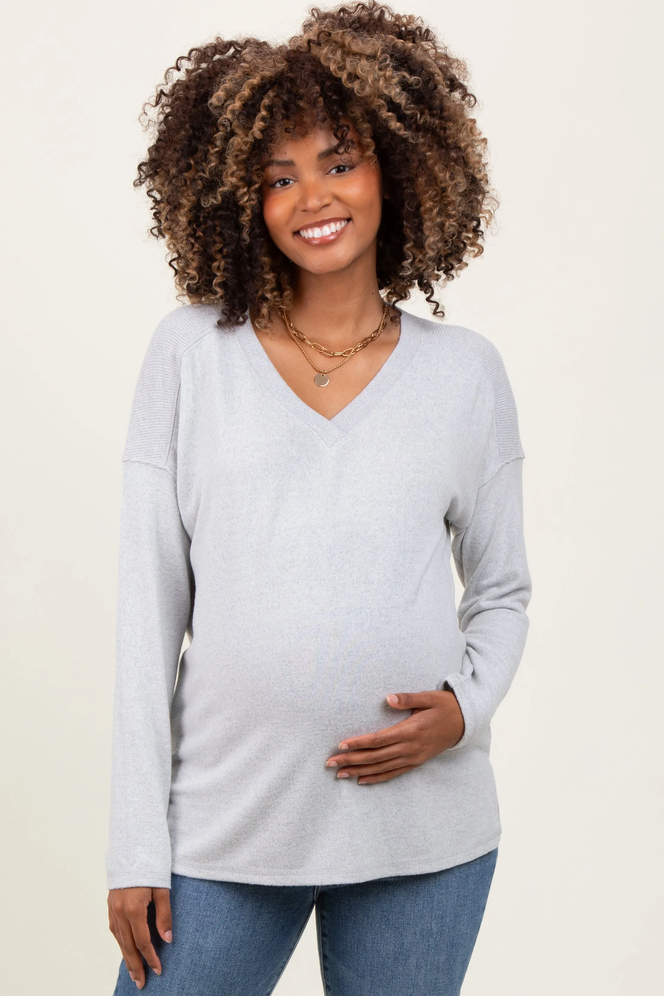 Heather Grey Basic V-Neck Long Sleeve Brushed Knit Maternity Top sold by Pinkblush