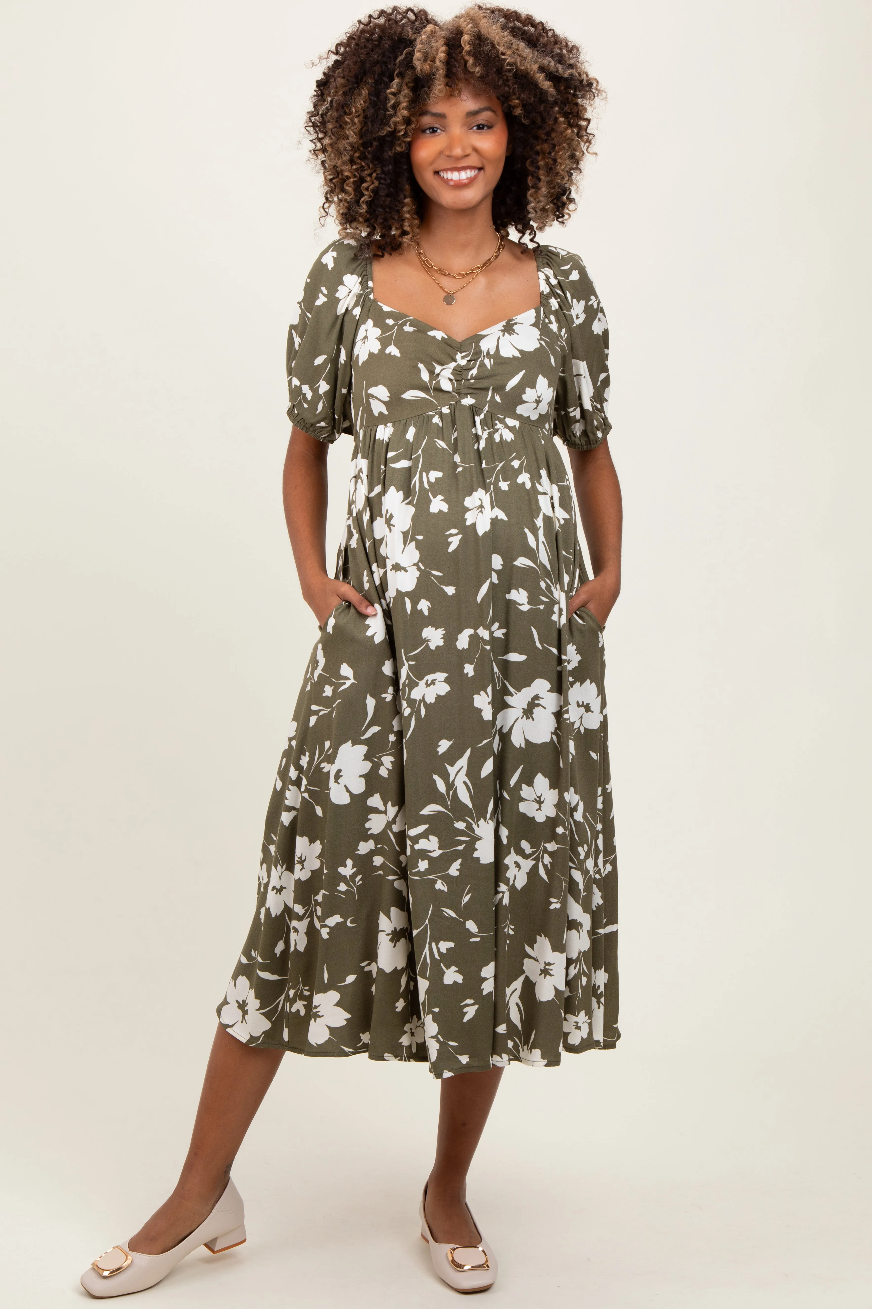 Olive Floral Sweetheart Neckline Maternity Midi Dress sold by Pinkblush
