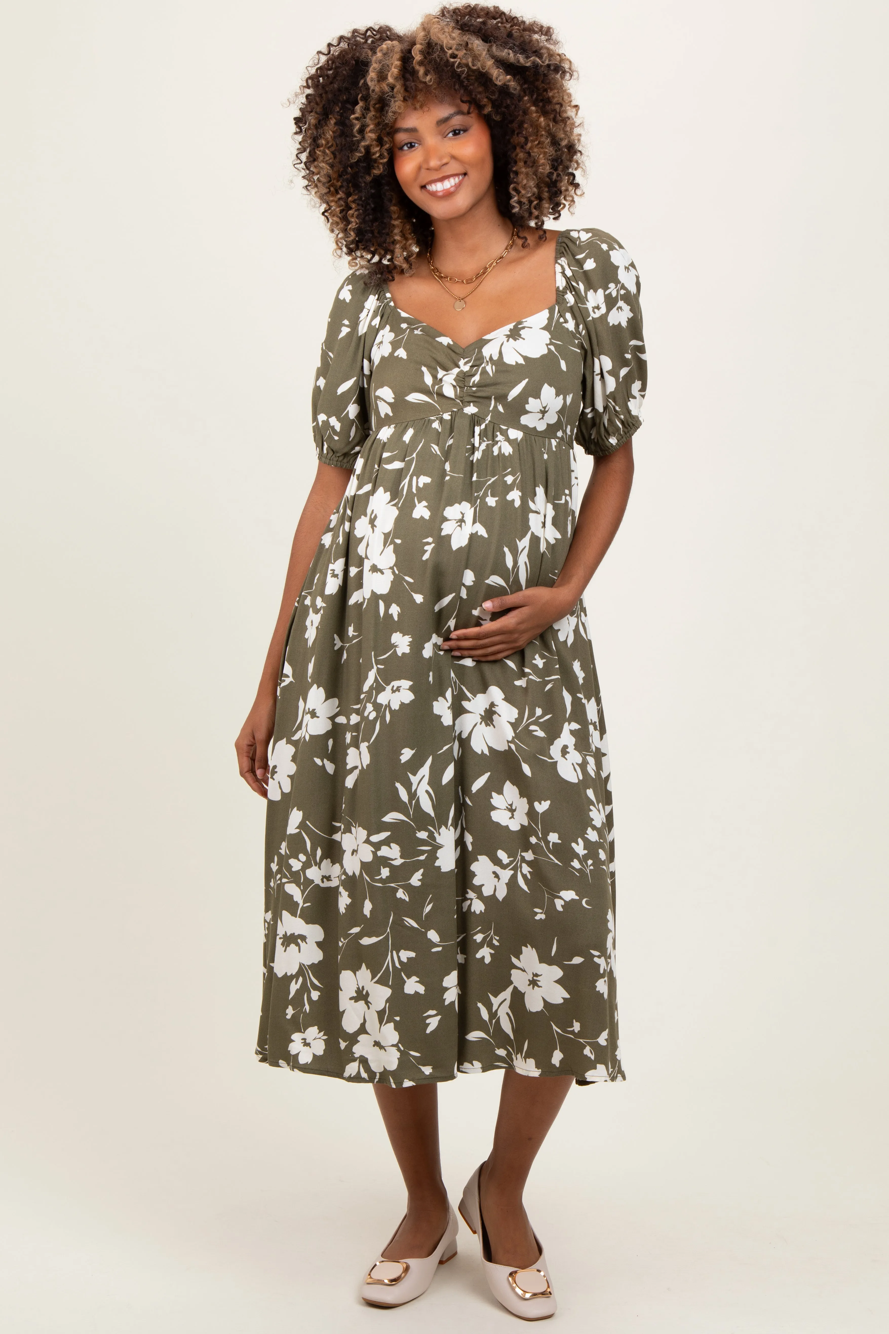 Olive Floral Sweetheart Neckline Maternity Midi Dress sold by Pinkblush product image thumbnail 2