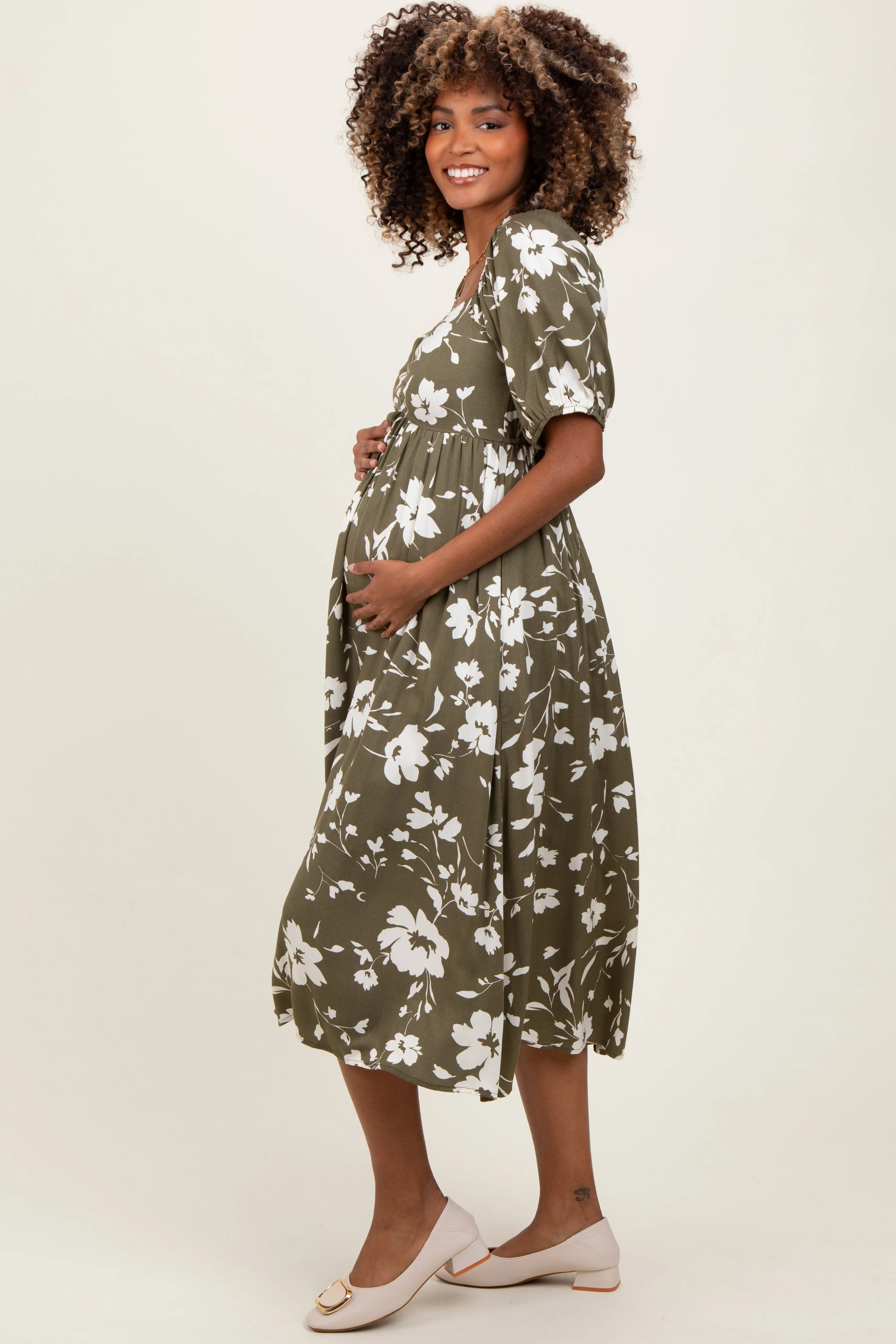 Olive Floral Sweetheart Neckline Maternity Midi Dress sold by Pinkblush product image thumbnail 3