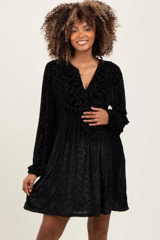 Black Velvet Damask Print Long Sleeve Maternity Mini Dress made by Pinkblush