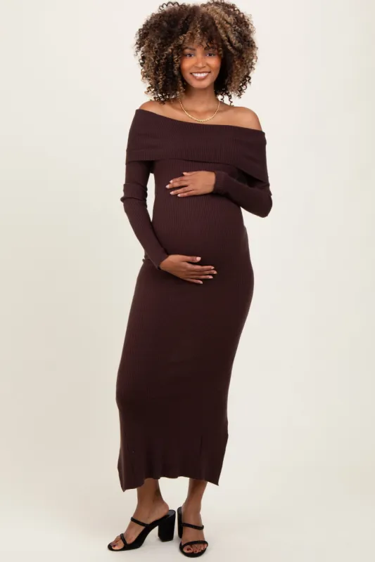 Brown Ribbed Knit Off Shoulder Side Slit Maternity Sweater Dress sold by Pinkblush