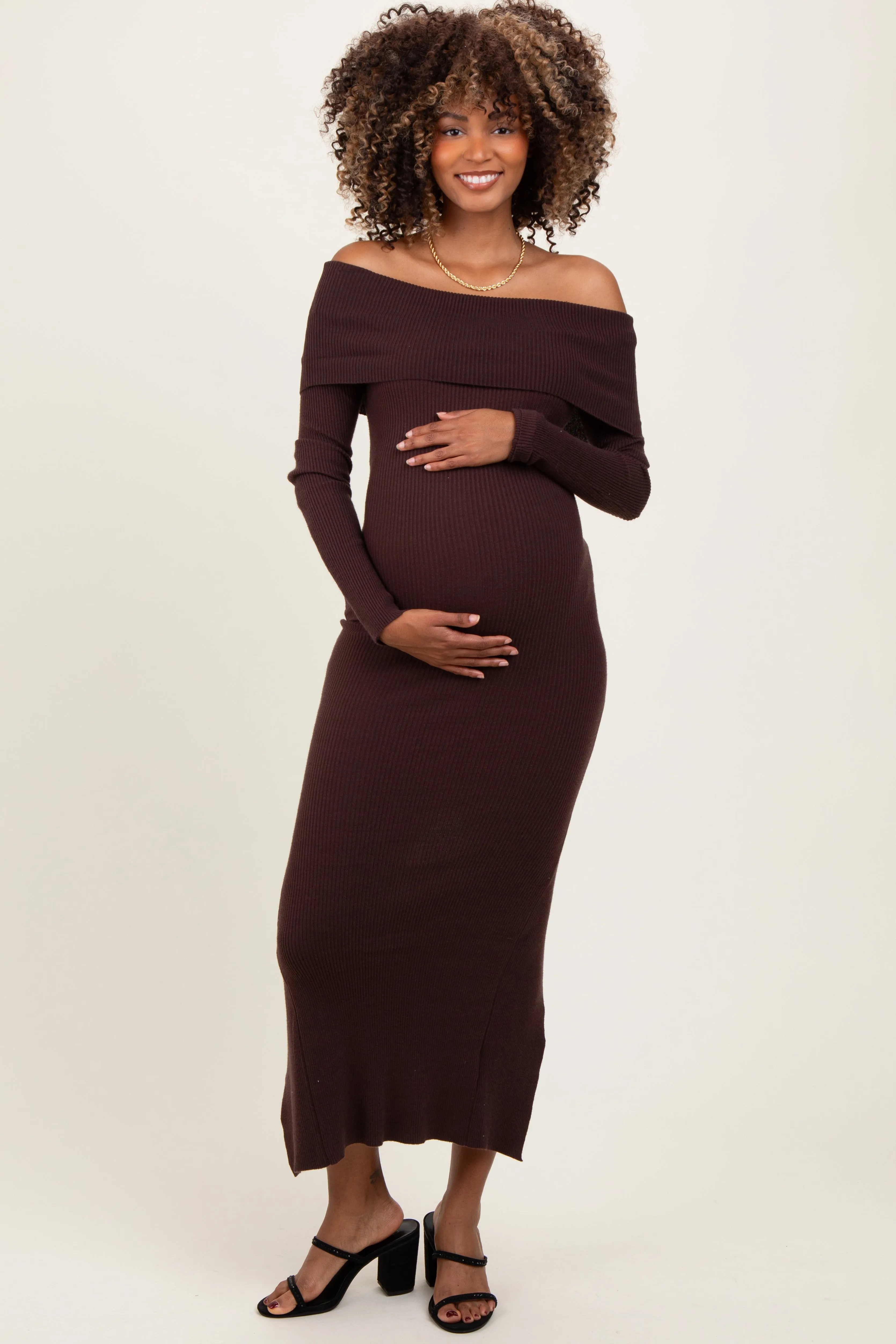 Brown Ribbed Knit Off Shoulder Side Slit Maternity Sweater Dress sold by Pinkblush