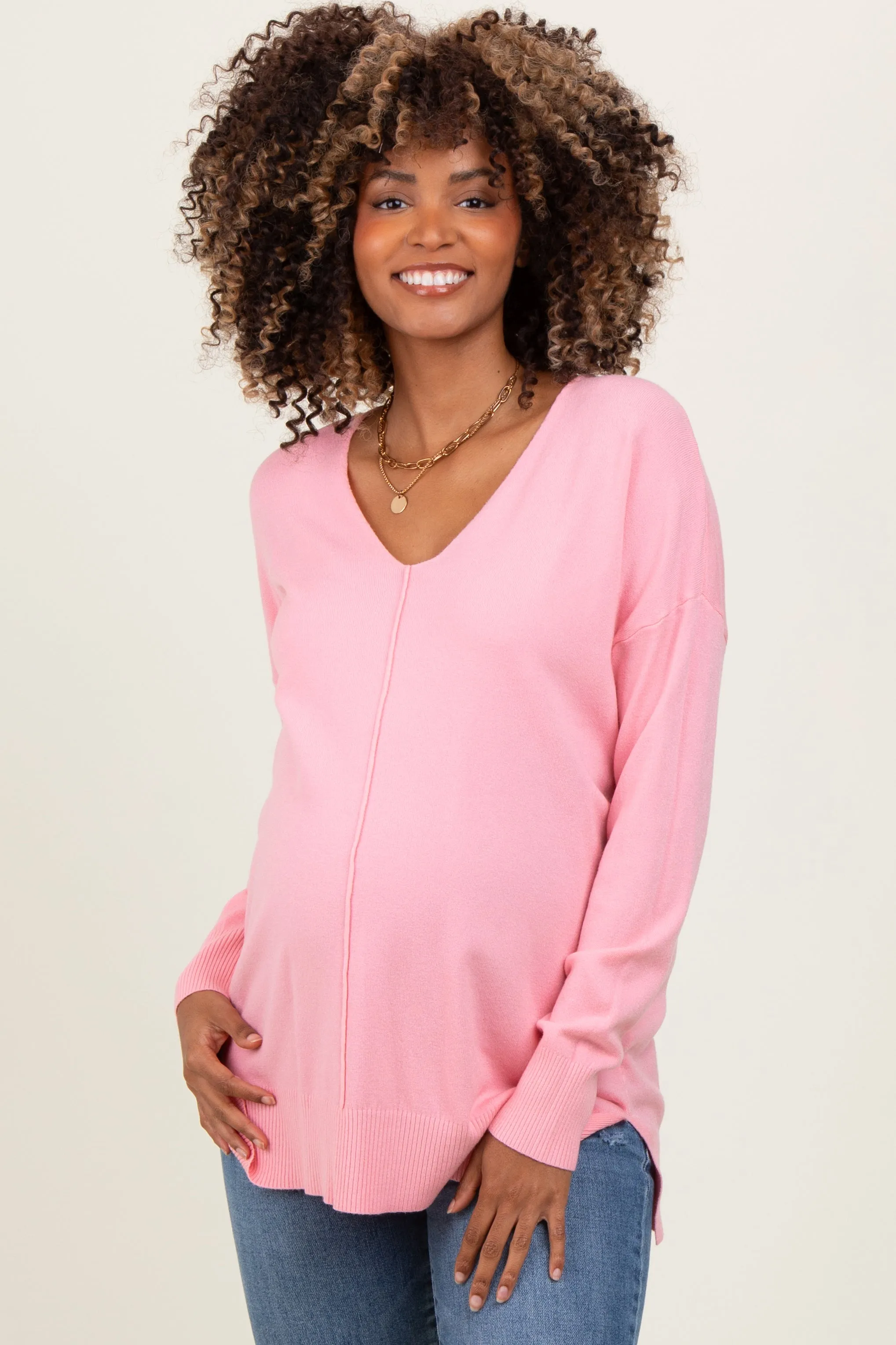 Peach Front Seam V-Neck Side Slit Maternity Sweater sold by Pinkblush
