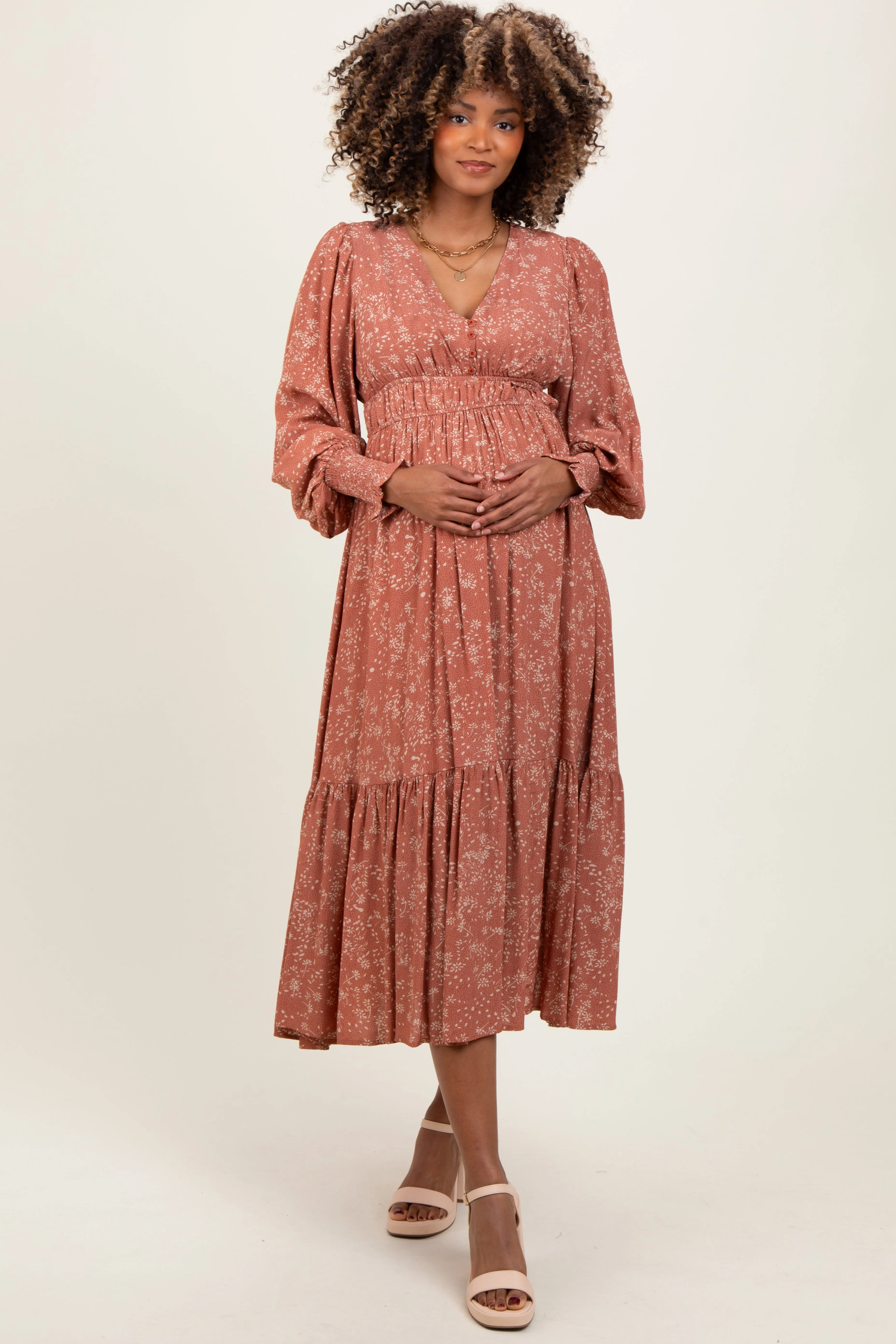 Mauve Floral Button Maternity Maxi Dress sold by Pinkblush