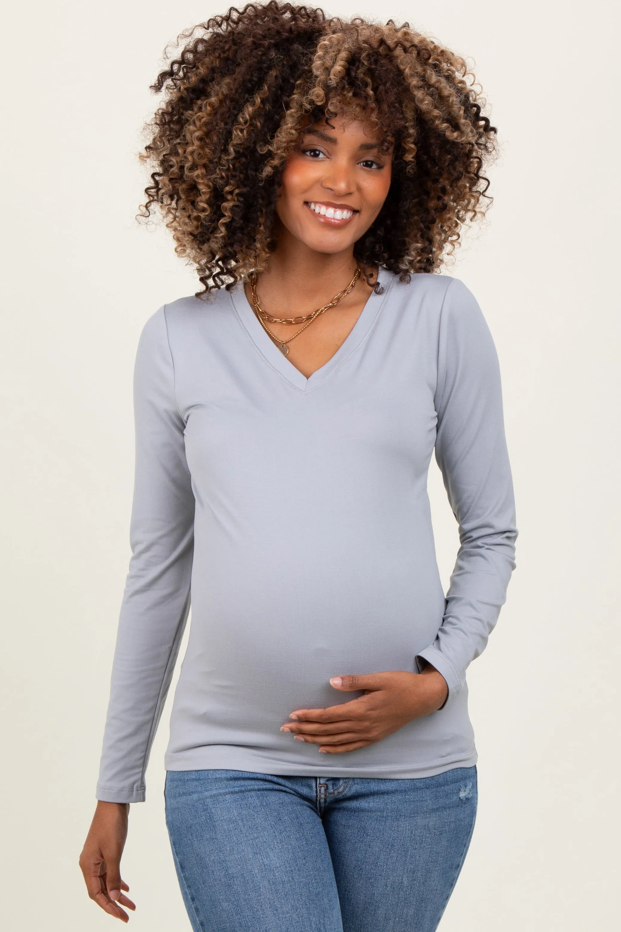 Heather Grey Brushed Knit V-Neck Long Sleeve Maternity Top sold by Pinkblush