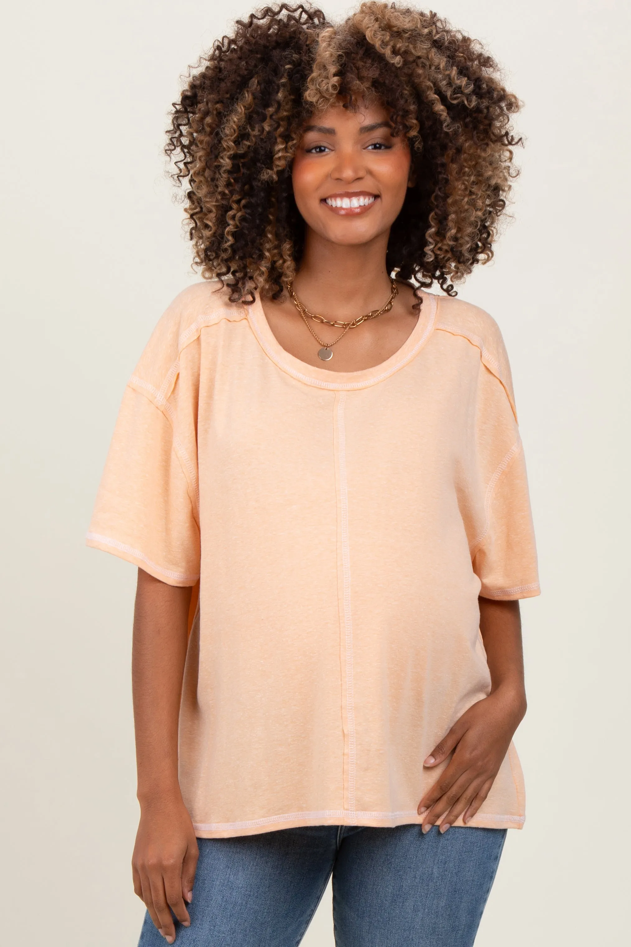 Peach Solid Tri-Blend Short Sleeve Maternity Tunic Top sold by Pinkblush