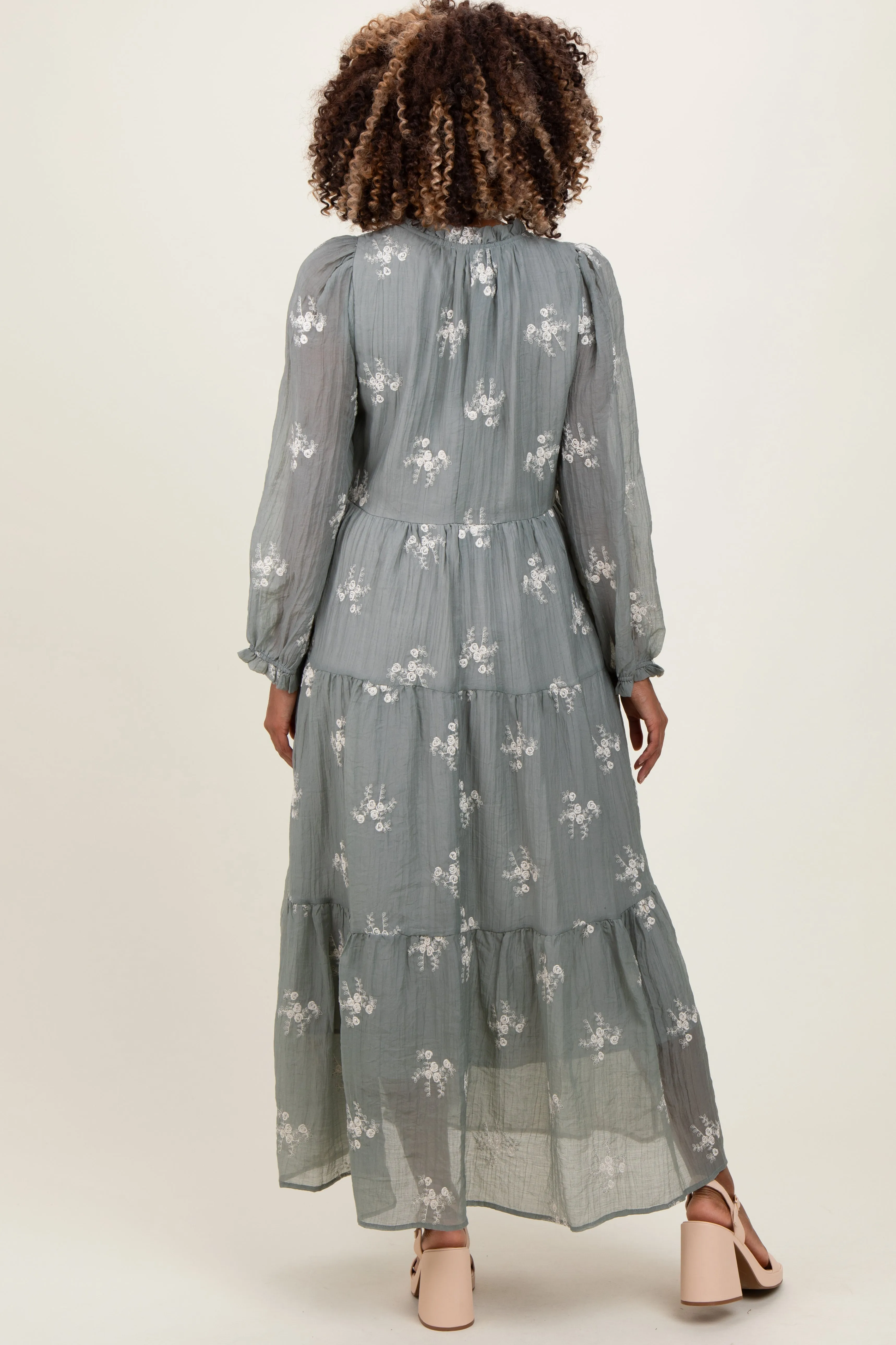 Gray Embroidered Tassel Tie Tiered Maternity Midi Dress sold by Pinkblush product image thumbnail 3