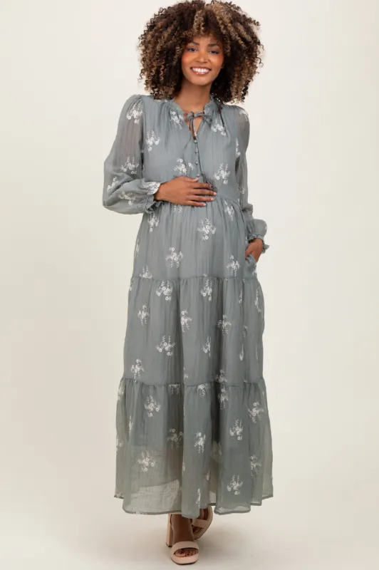 Gray Embroidered Tassel Tie Tiered Maternity Midi Dress sold by Pinkblush