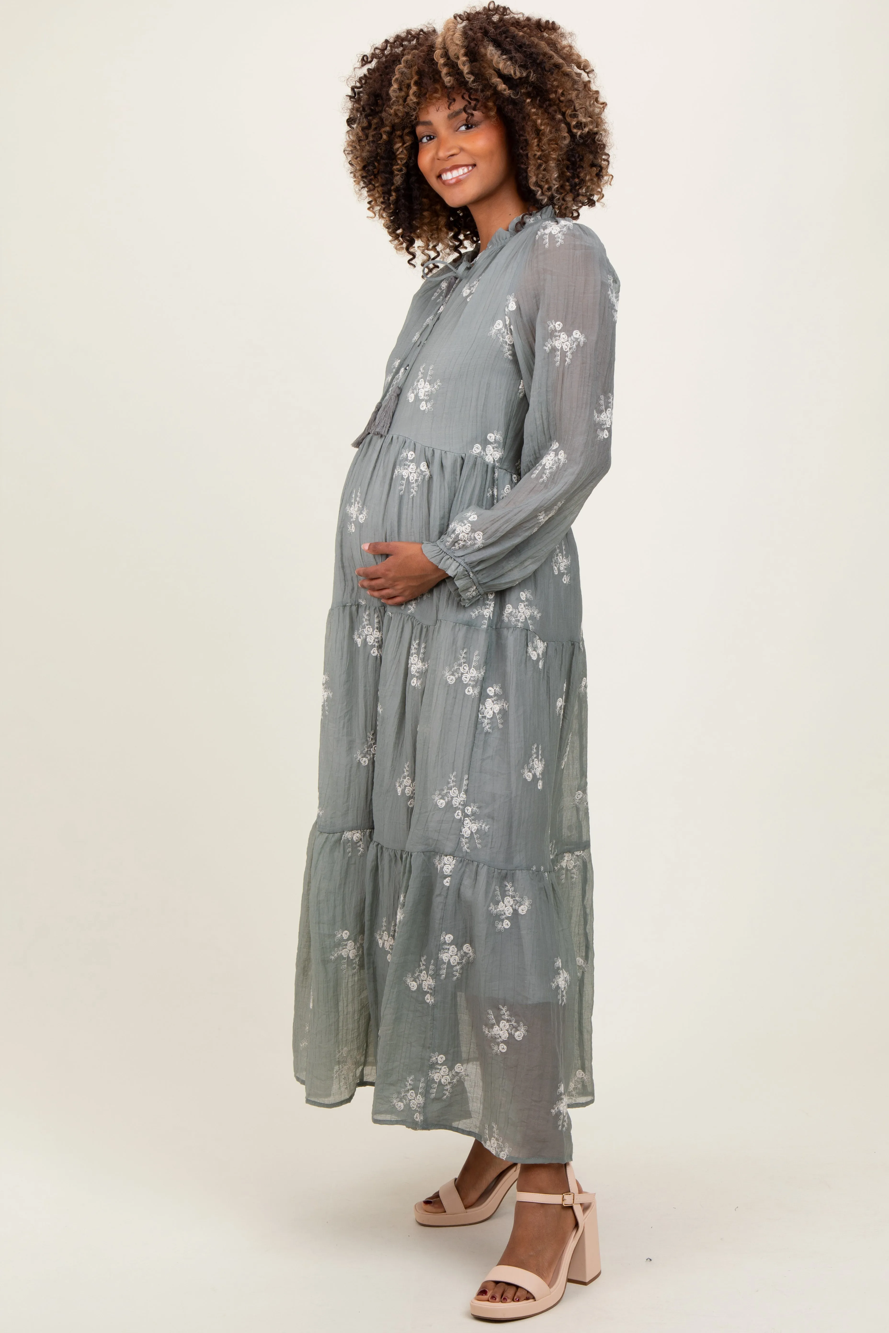 Gray Embroidered Tassel Tie Tiered Maternity Midi Dress sold by Pinkblush product image thumbnail 2