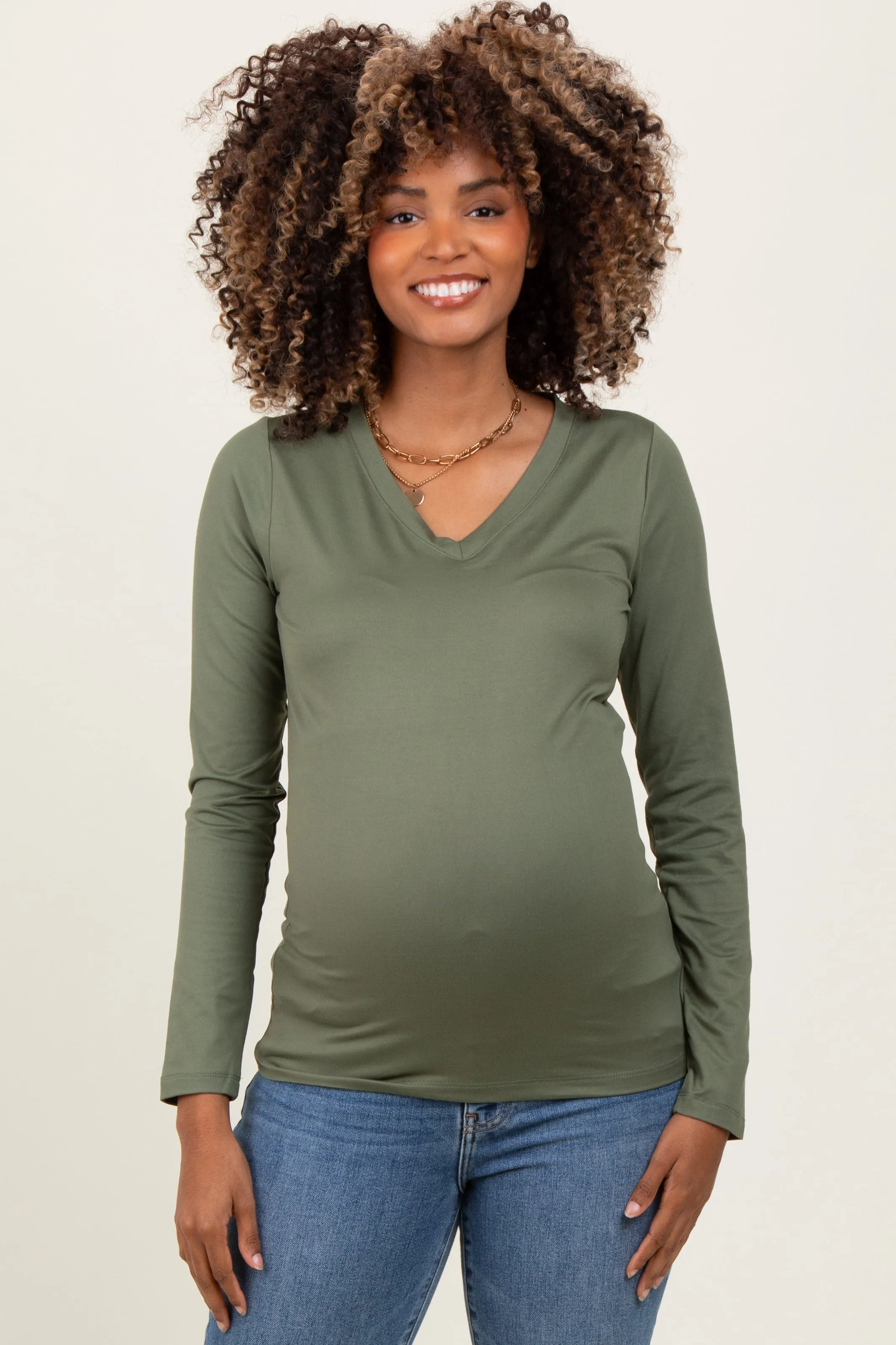 Olive Brushed Knit V-Neck Long Sleeve Maternity Top sold by Pinkblush