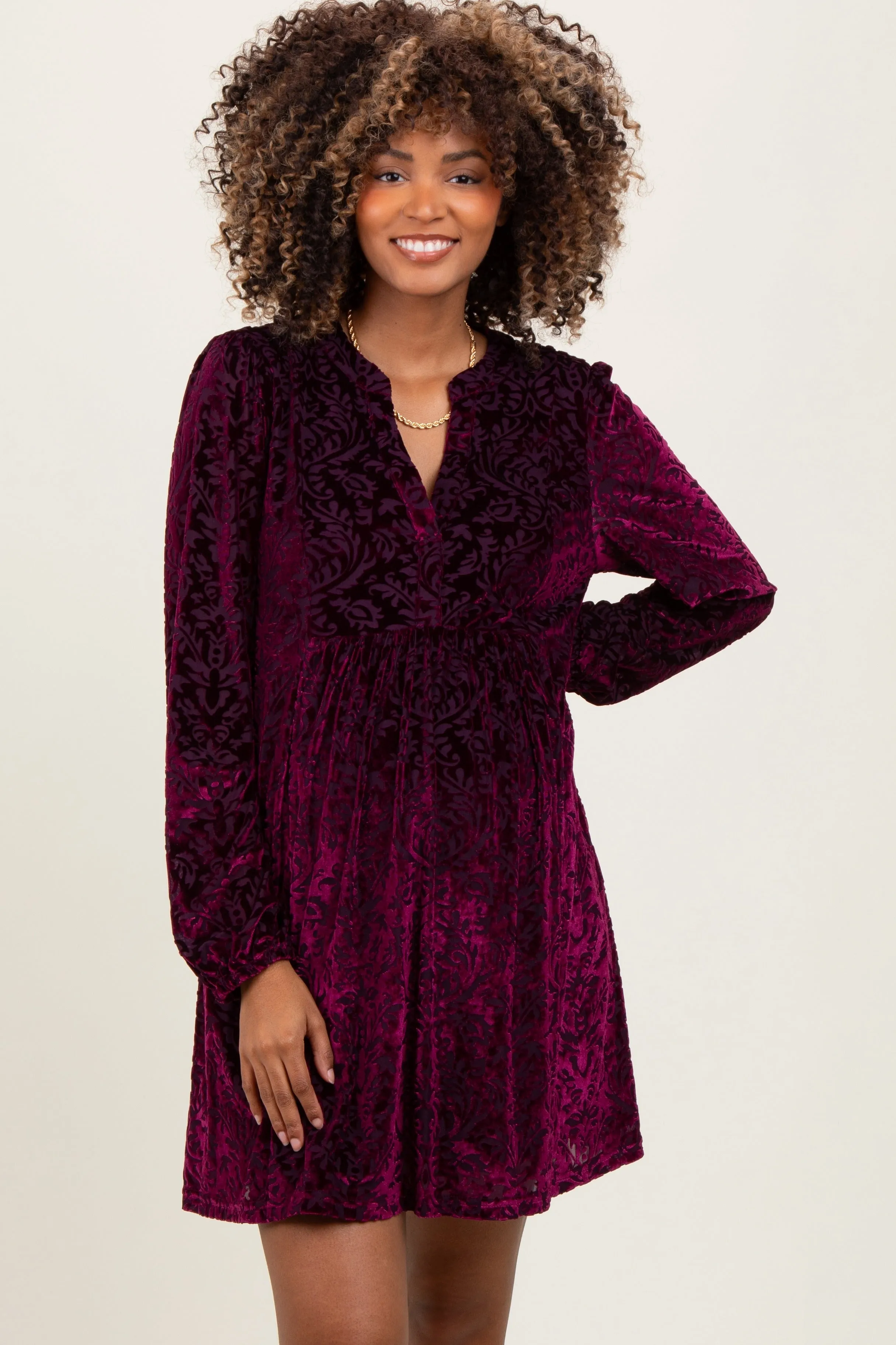 Burgundy Velvet Damask Print Long Sleeve Maternity Mini Dress sold by Pinkblush product image thumbnail 2