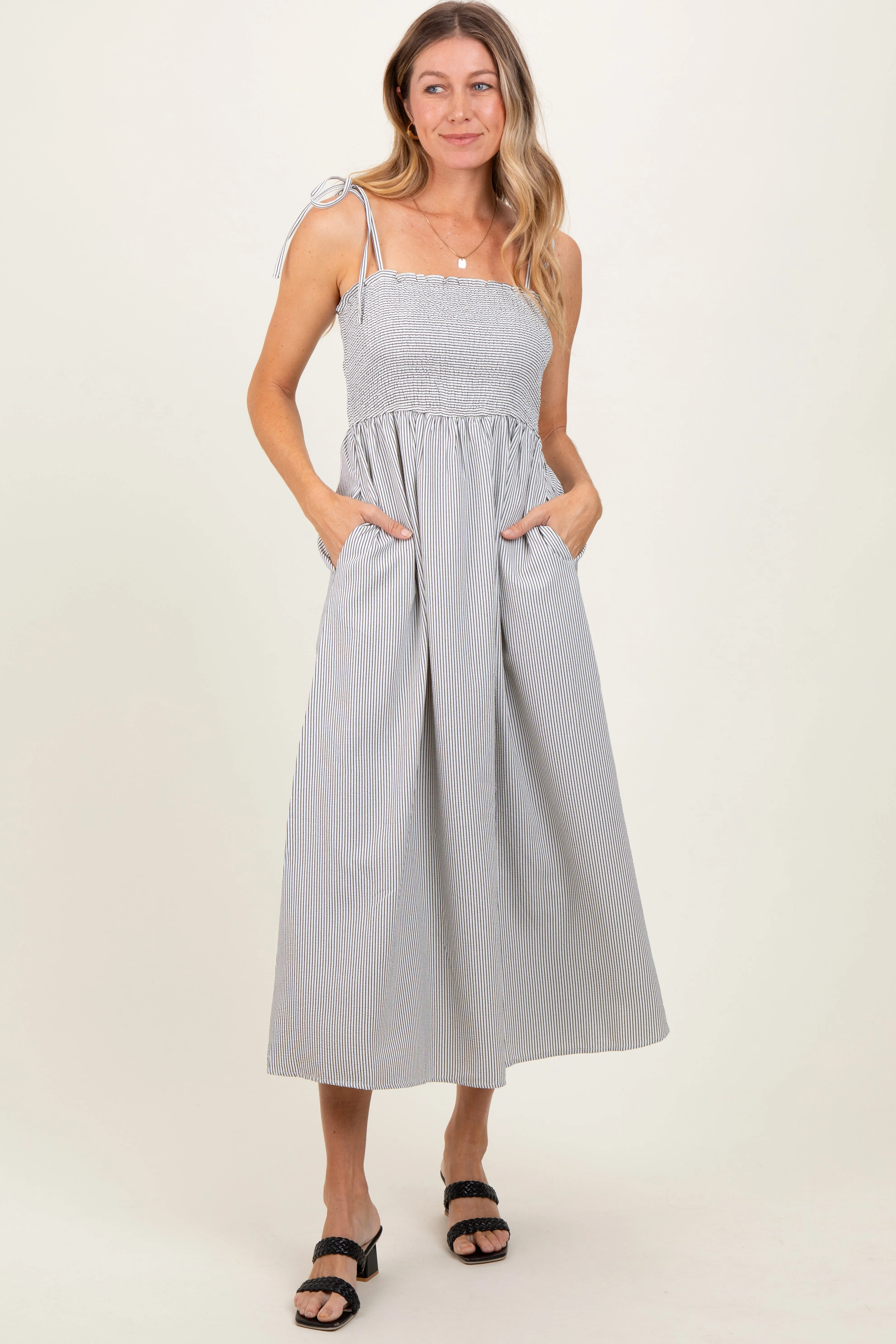 Ivory Striped Shoulder Tie Smocked Maternity Maxi Dress sold by Pinkblush product image thumbnail 4