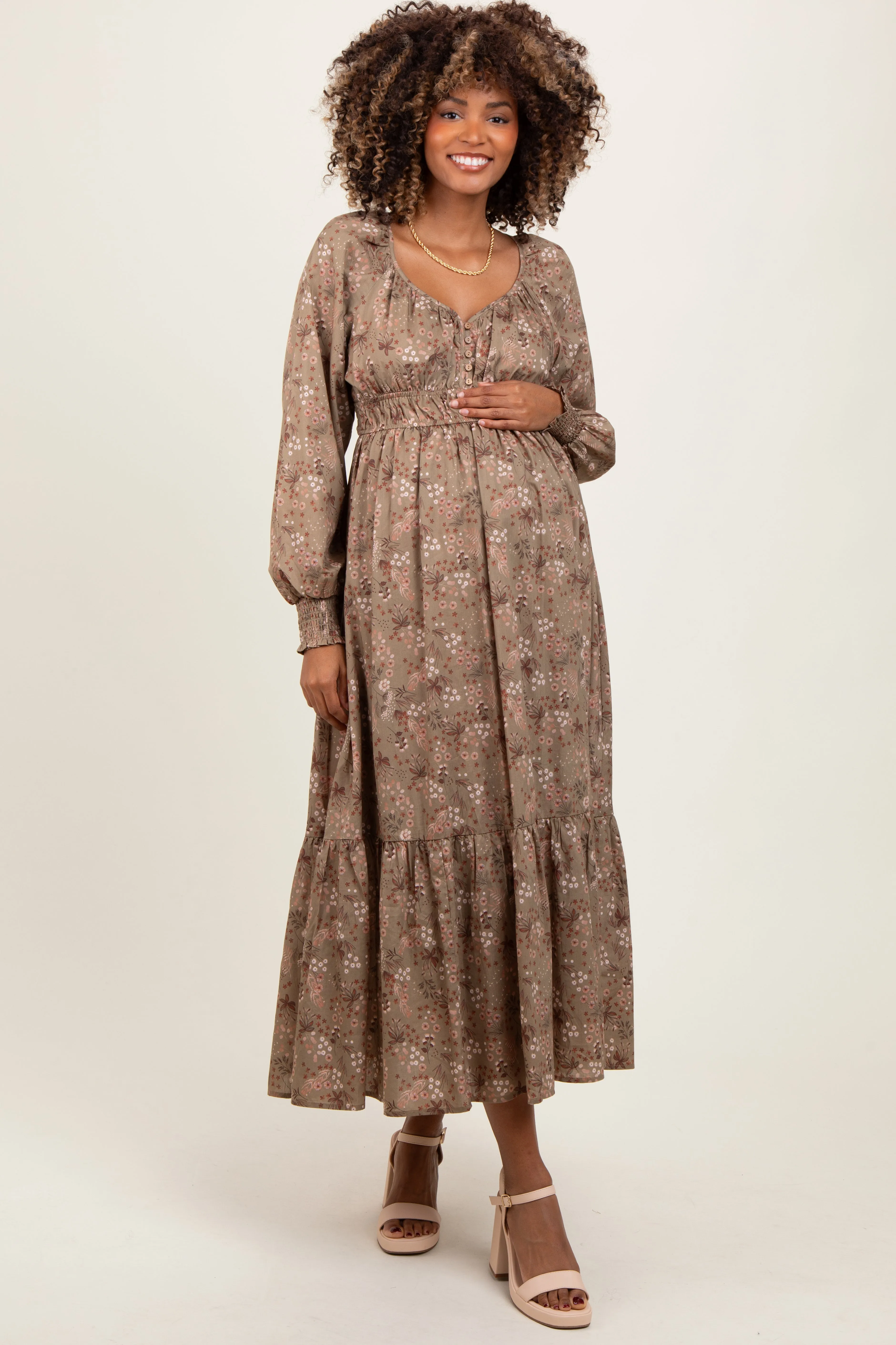 Mocha Raglan Sleeve Floral Button Maternity Maxi Dress sold by Pinkblush