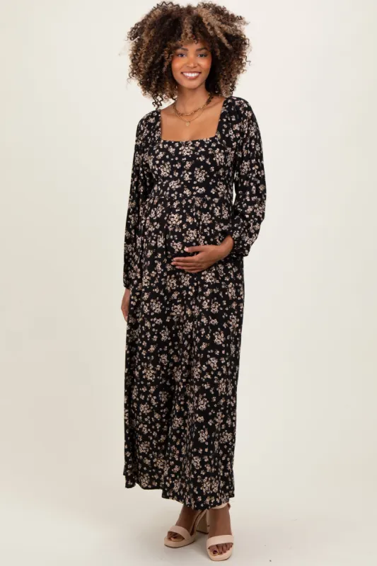 Black Floral Square Neck Long Sleeve Maternity Maxi Dress sold by Pinkblush