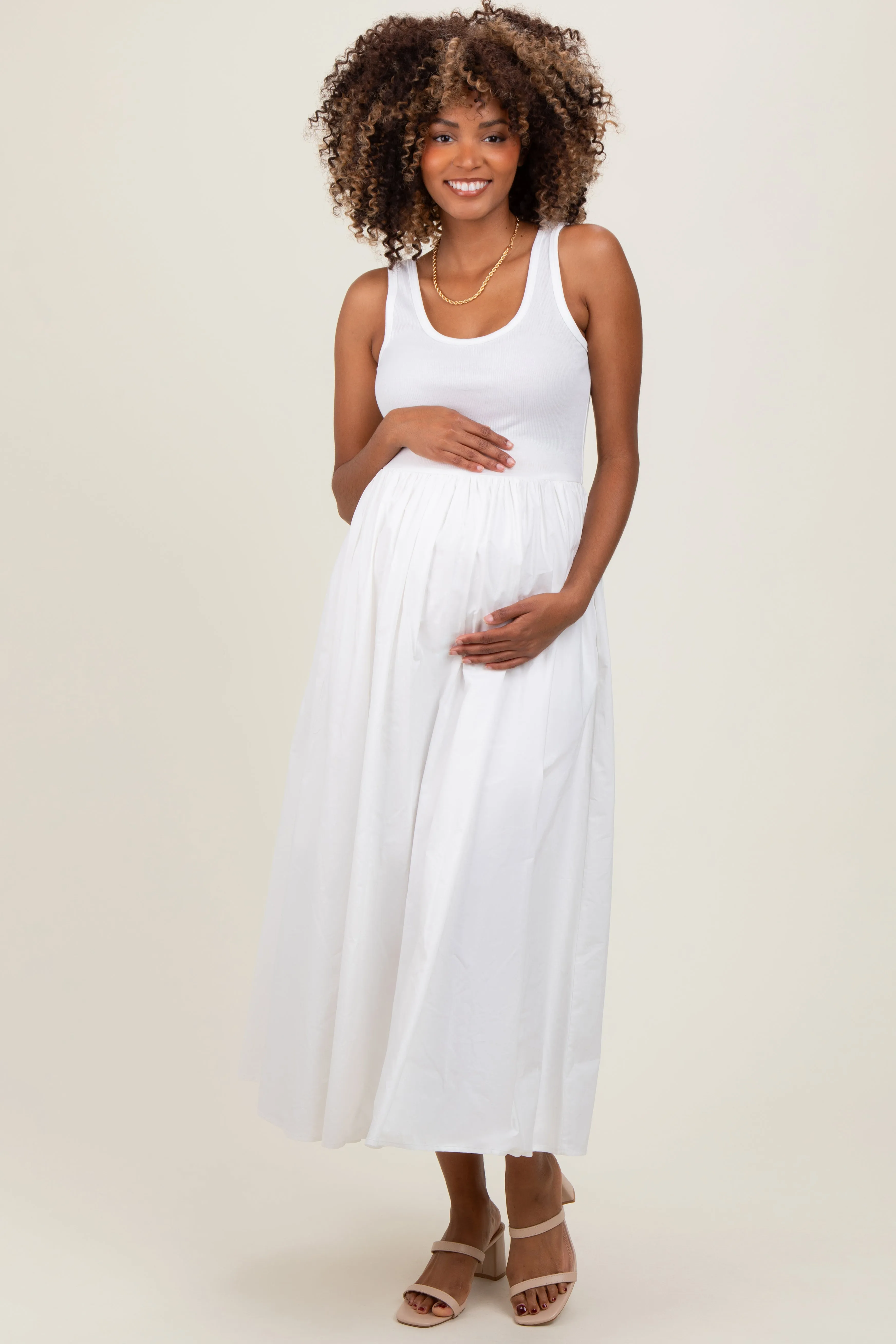 White Scoop Neck Contrast Skirt Maternity Maxi Dress sold by Pinkblush product image thumbnail 2