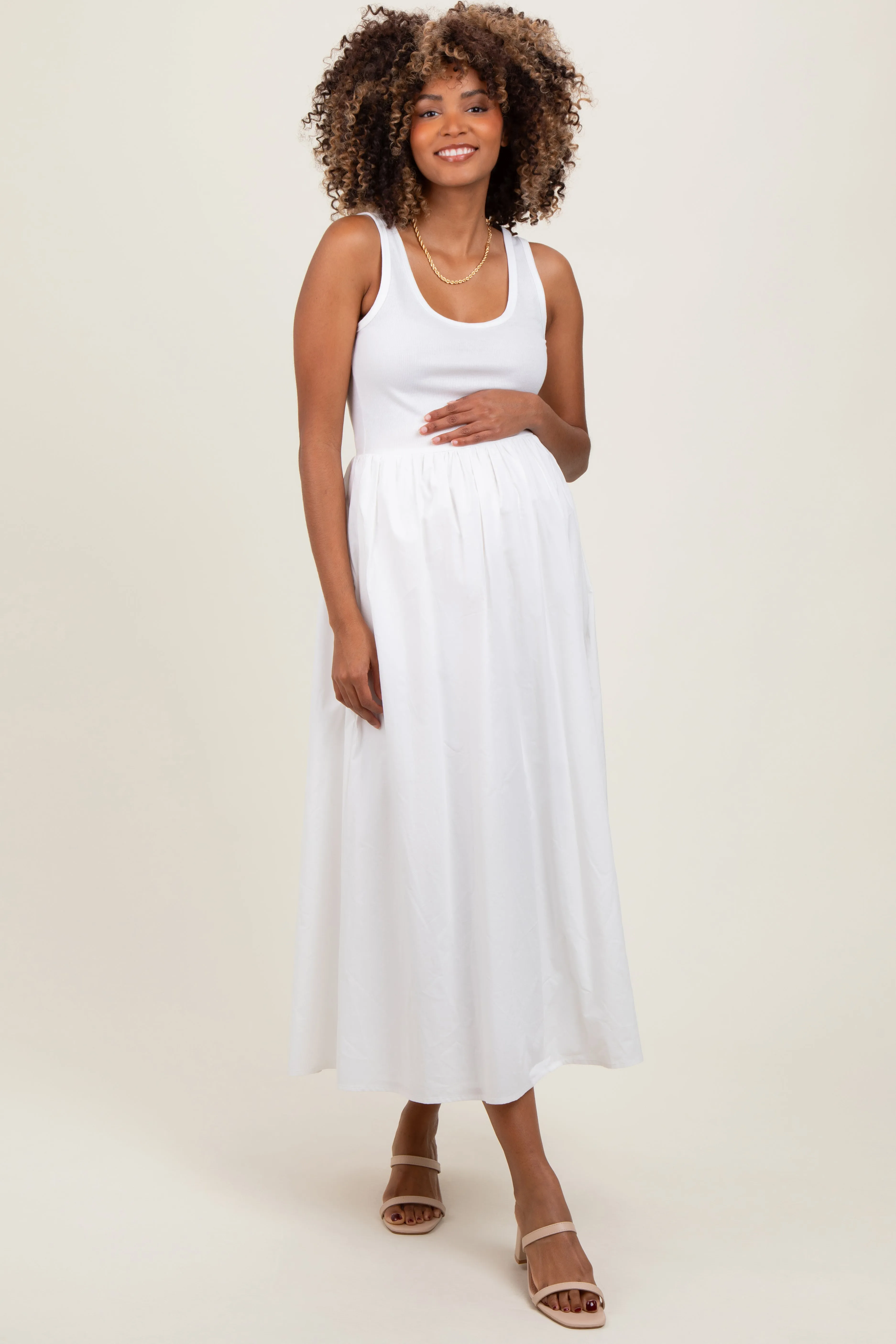 White Scoop Neck Contrast Skirt Maternity Maxi Dress sold by Pinkblush product image thumbnail 3