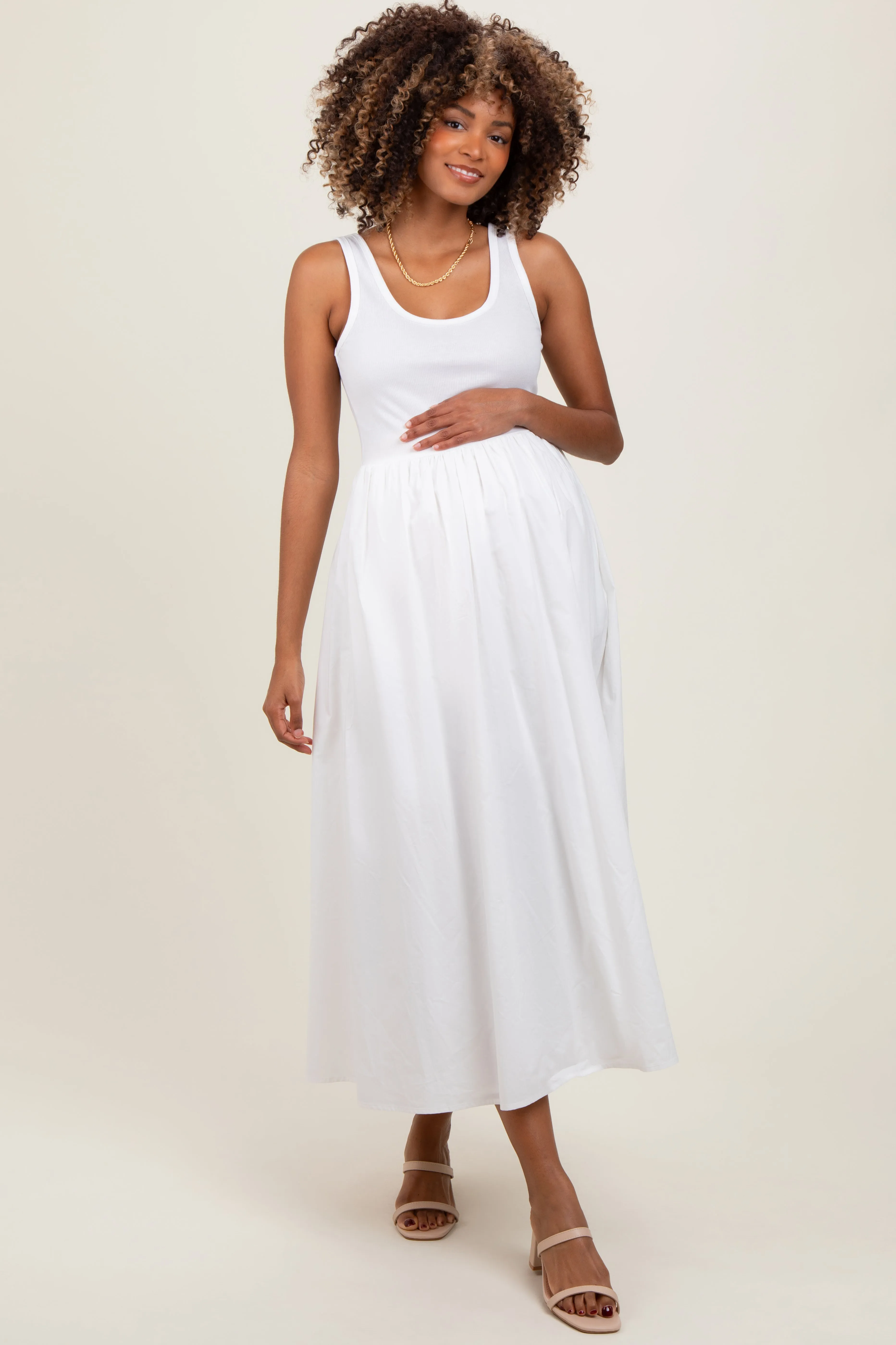 White Scoop Neck Contrast Skirt Maternity Maxi Dress sold by Pinkblush