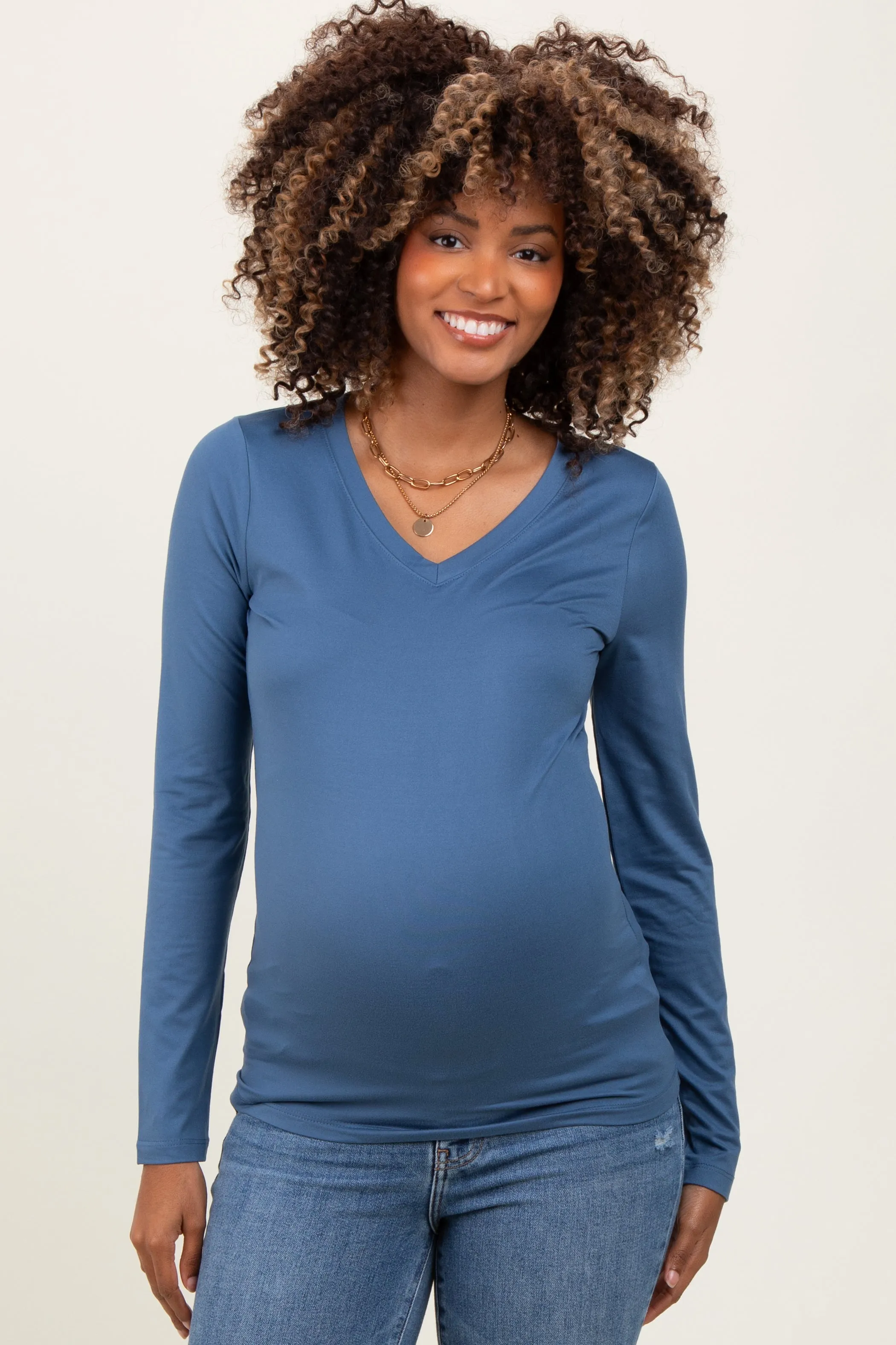 Blue Brushed Knit V-Neck Long Sleeve Maternity Top sold by Pinkblush