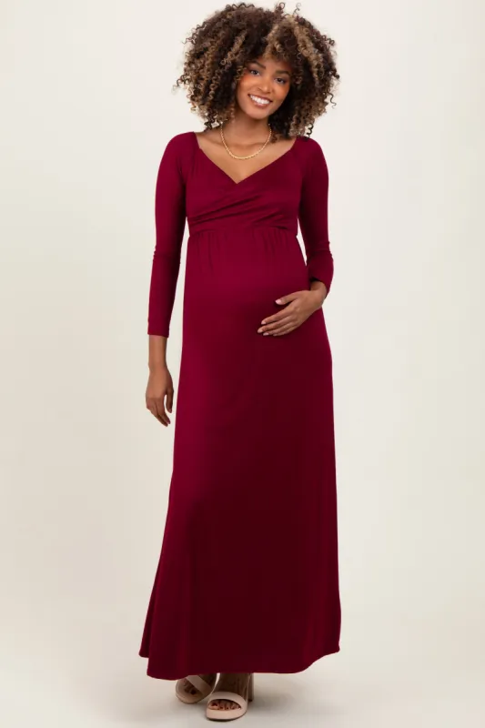 Burgundy Wrap Front Empire Waist Maternity Maxi Dress sold by Pinkblush