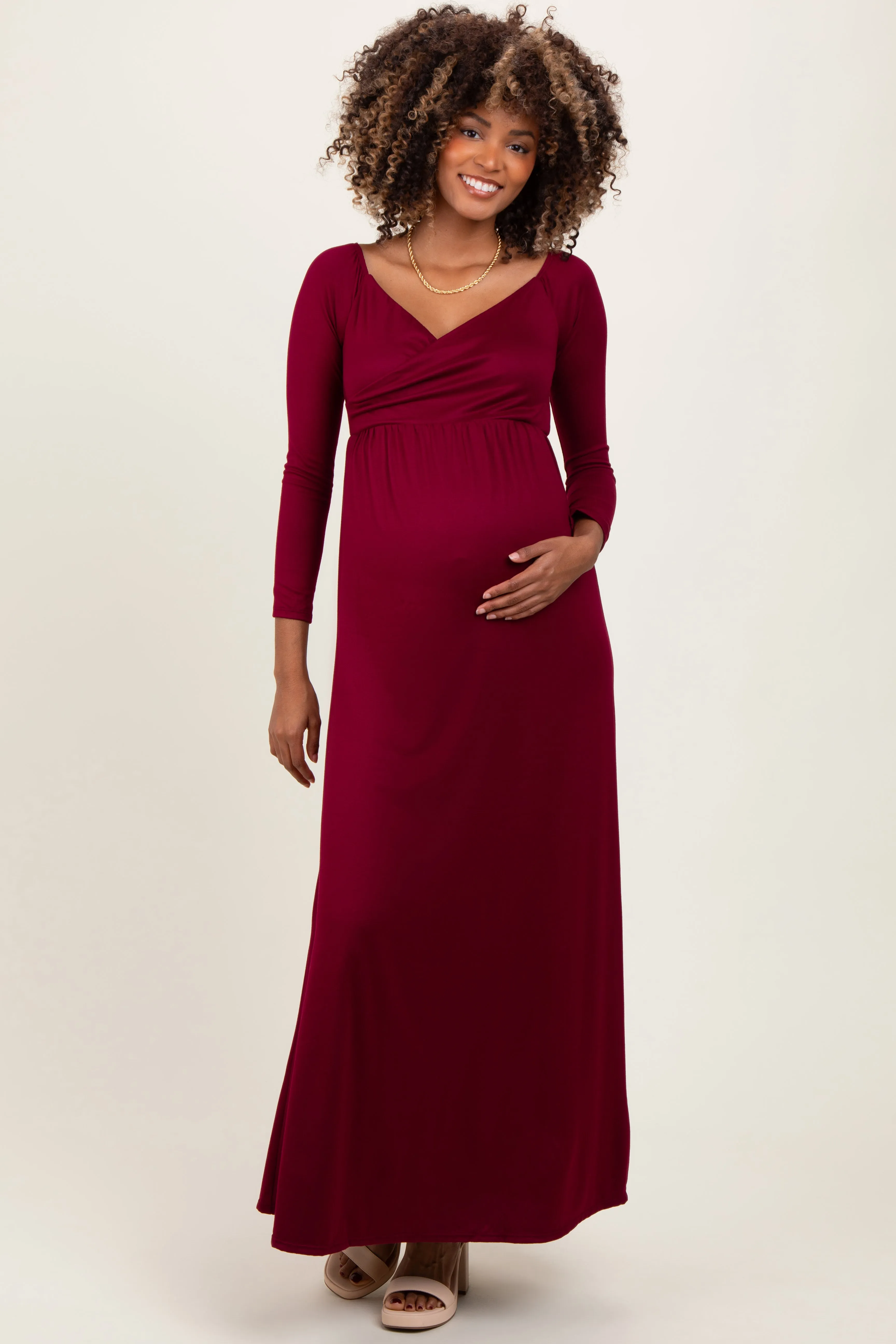 Burgundy Wrap Front Empire Waist Maternity Maxi Dress sold by Pinkblush