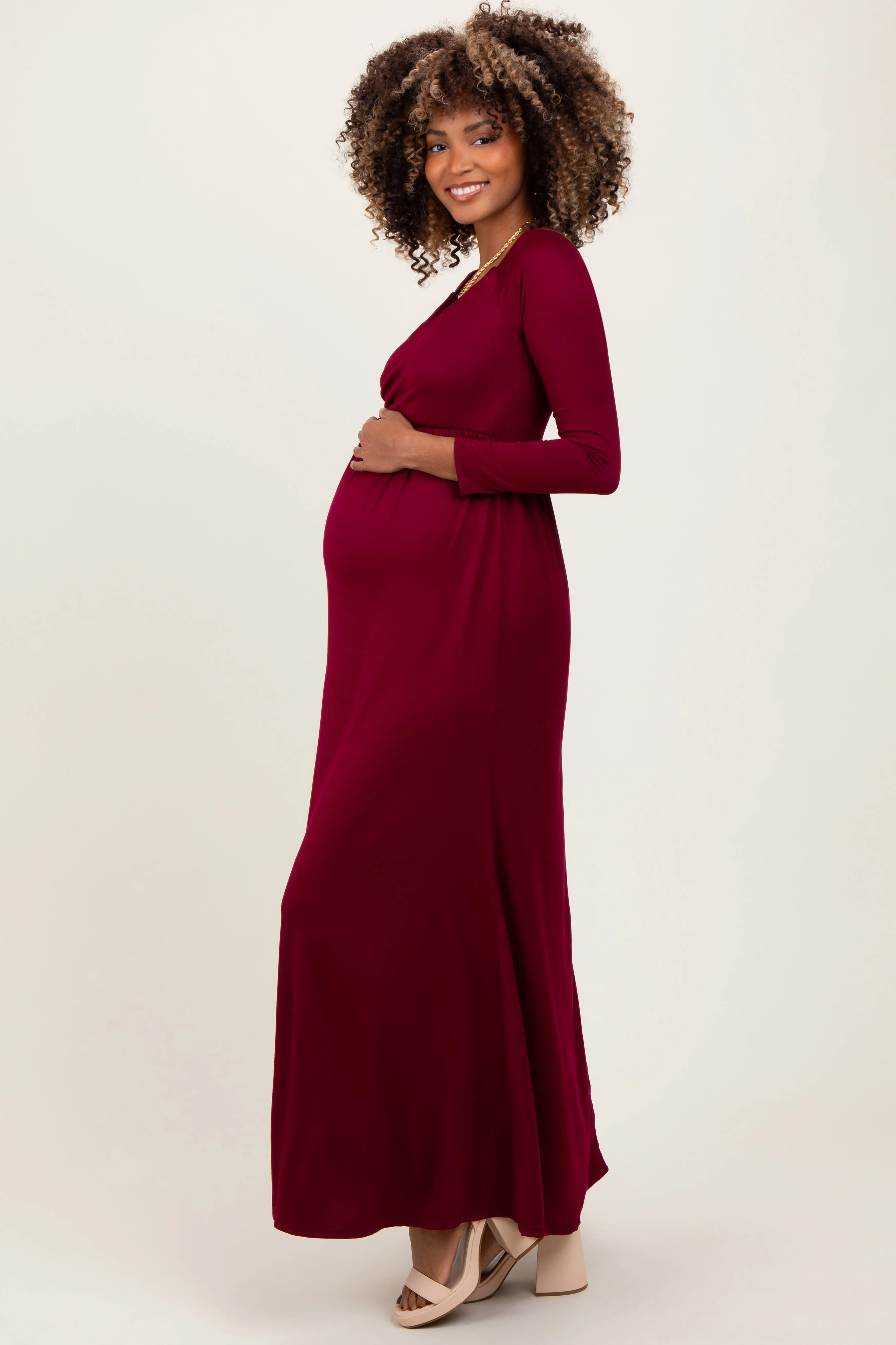 Burgundy Wrap Front Empire Waist Maternity Maxi Dress sold by Pinkblush product image thumbnail 2