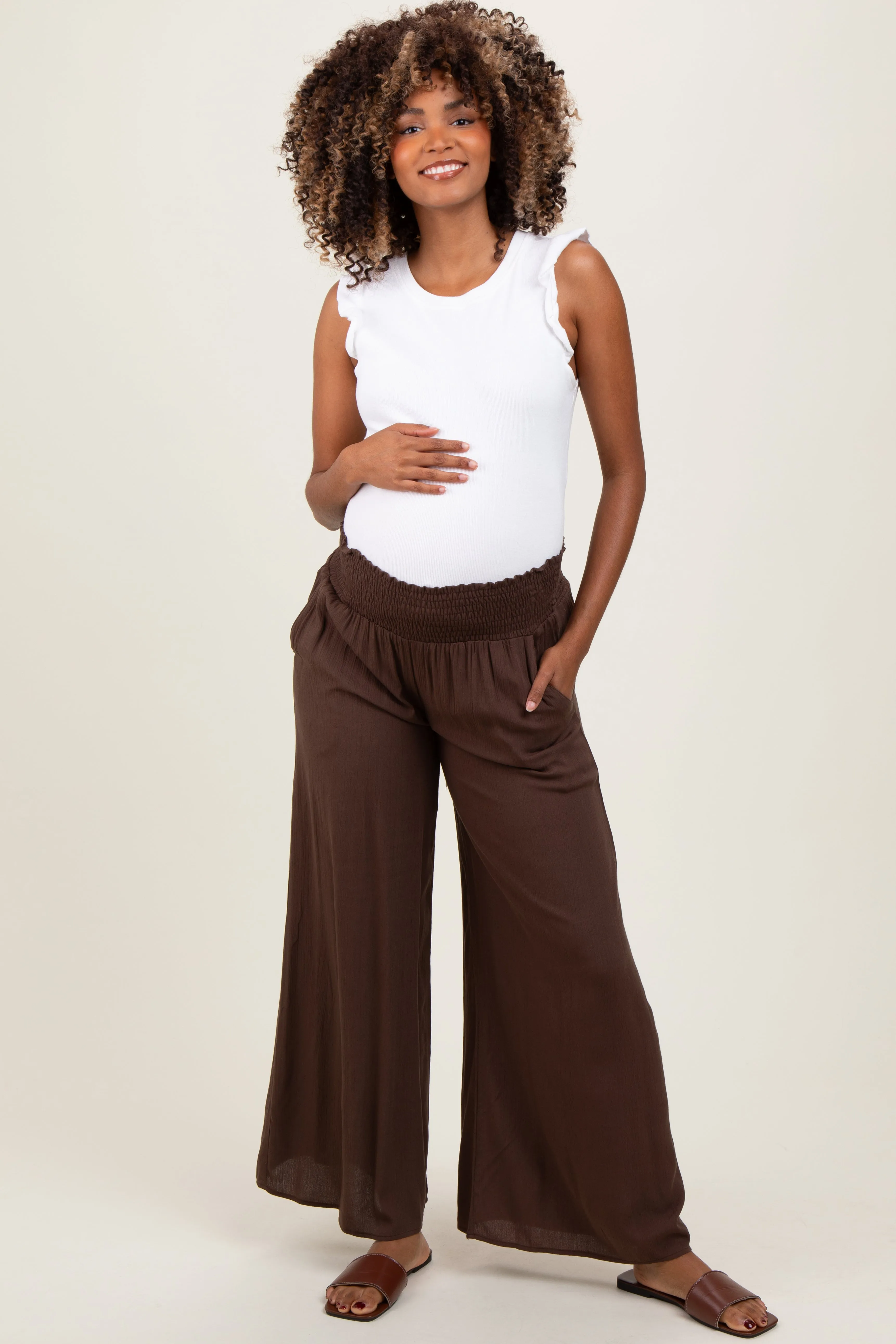 Brown Wide Smock Waist Maternity Pants sold by Pinkblush product image thumbnail 2
