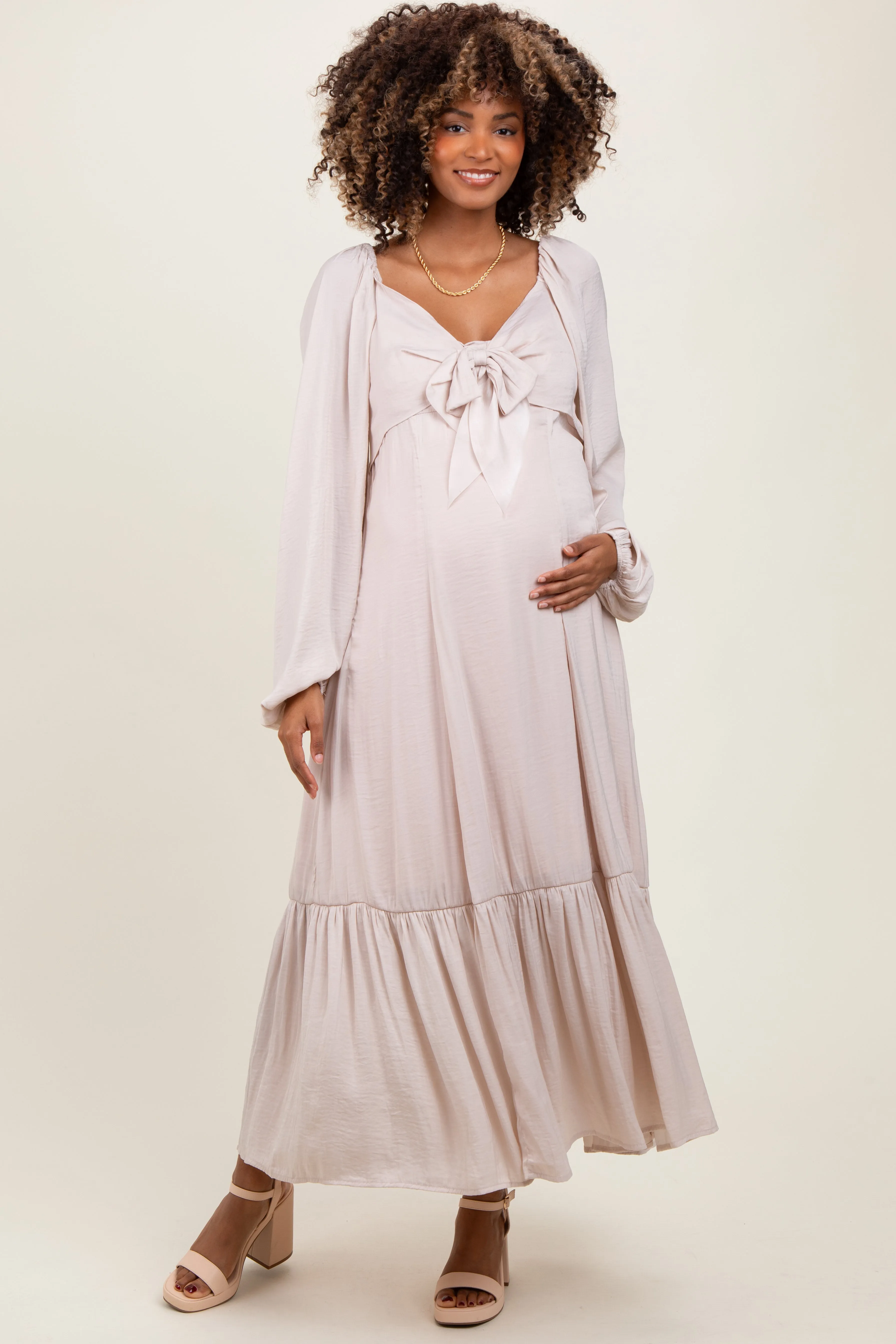 Beige Bow Satin Maternity Maxi Dress sold by Pinkblush