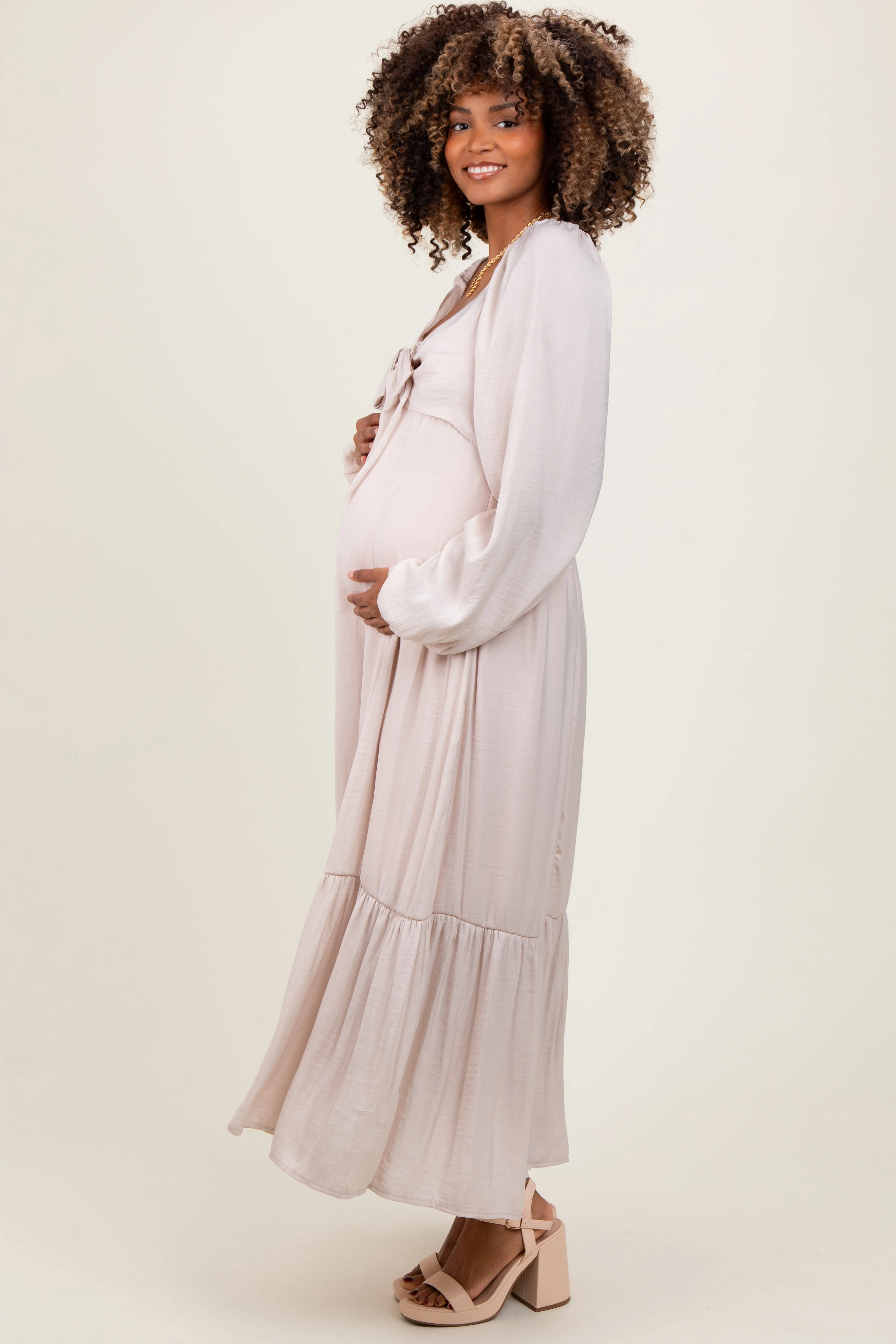 Beige Bow Satin Maternity Maxi Dress sold by Pinkblush product image thumbnail 2