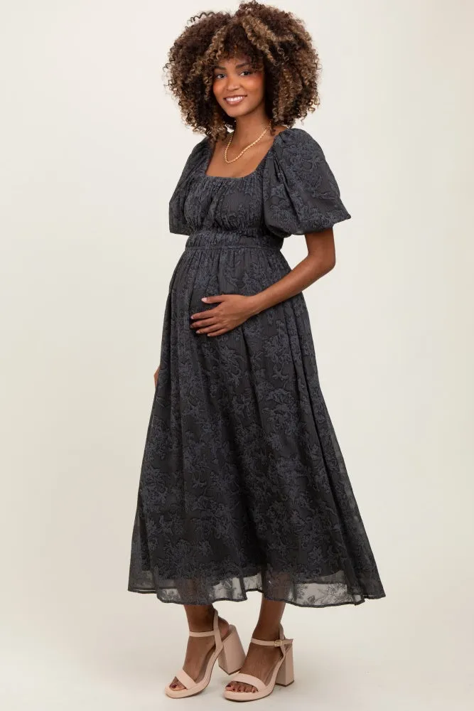 Charcoal Floral Square Neck Bubble Sleeve Maternity Mid Dress sold by Pinkblush product image thumbnail 3