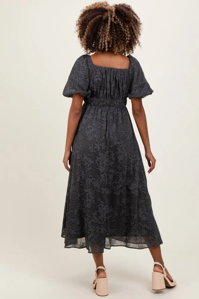 Charcoal Floral Square Neck Bubble Sleeve Maternity Mid Dress sold by Pinkblush product image thumbnail 4